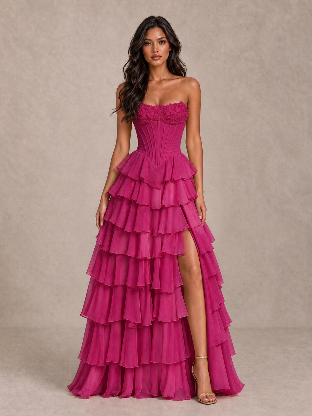 BOLODOO Fuchsia Strapless Corset Tiered Ruffle Prom Dress with High Slit - Fuchsia - Fuchsia_4