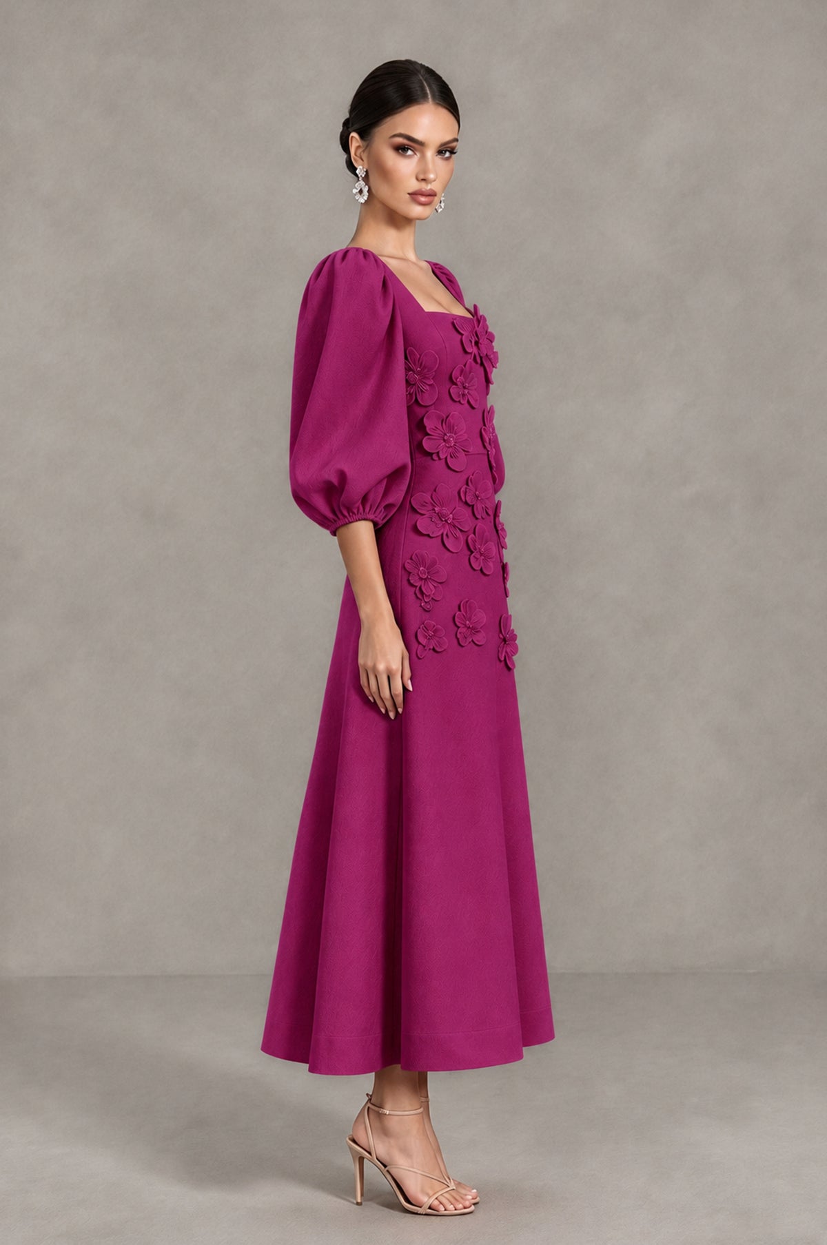 BOLODOO Fuchsia 3D Floral Puff Sleeve Midi Cocktail Dress - Fuchsia - Fuchsia_4