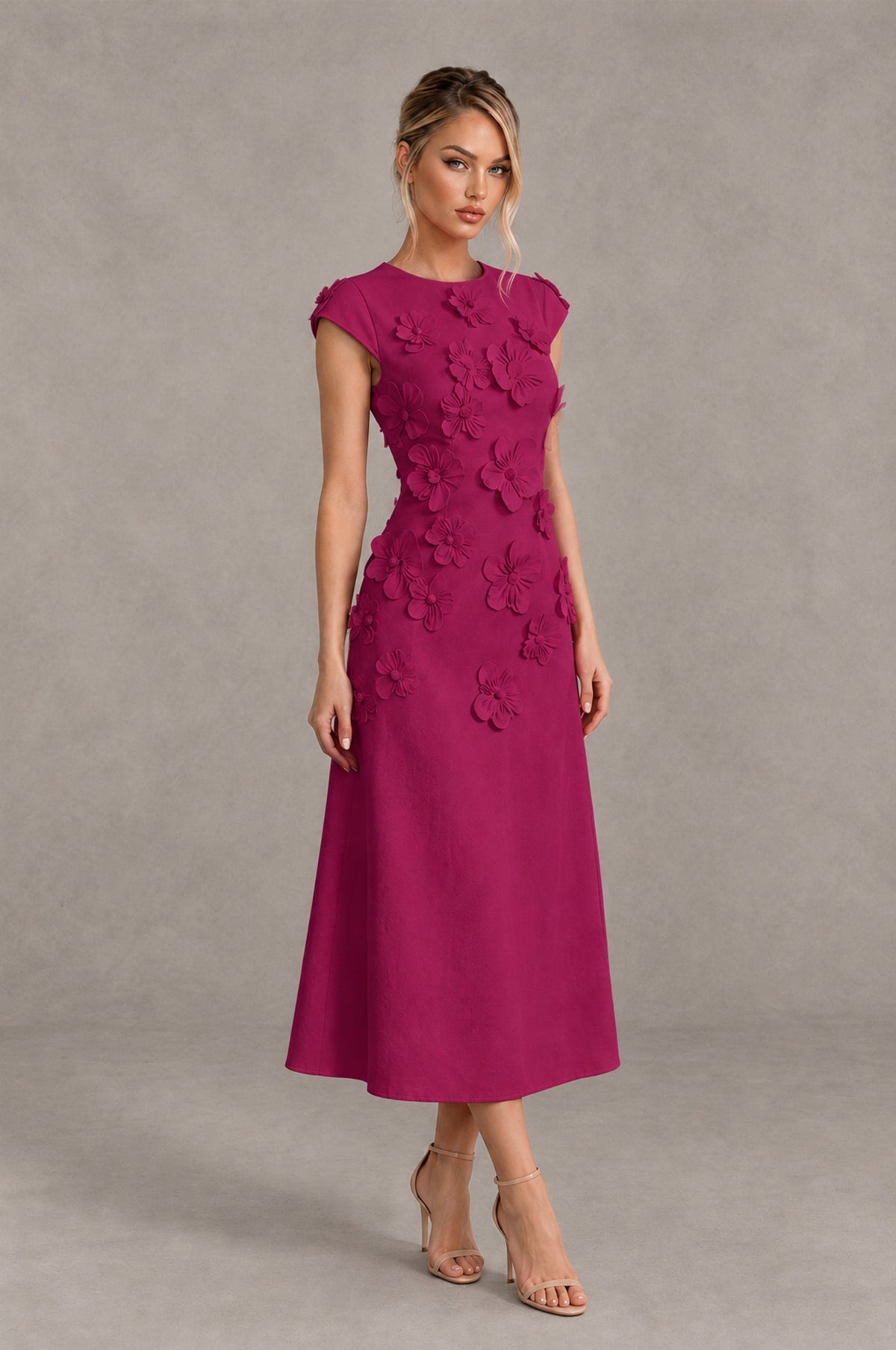 BOLODOO Fuchsia 3D Floral Cap Sleeve Midi Cocktail Dress - Fuchsia - Fuchsia_4