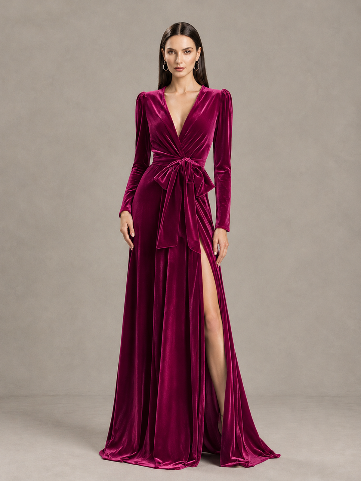BOLODOO Fuchsia Long Sleeve Velvet-Look Evening Dress with High Slit - Fuchsia - Fuchsia_4