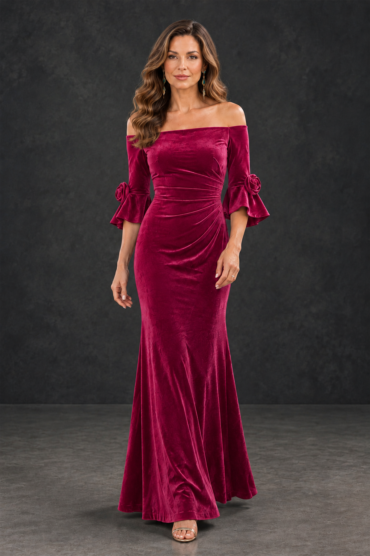 BOLODOO Fuchsia Velvet Mother of the Bride Dress with Rosette Sleeves - Fuchsia - Fuchsia_4