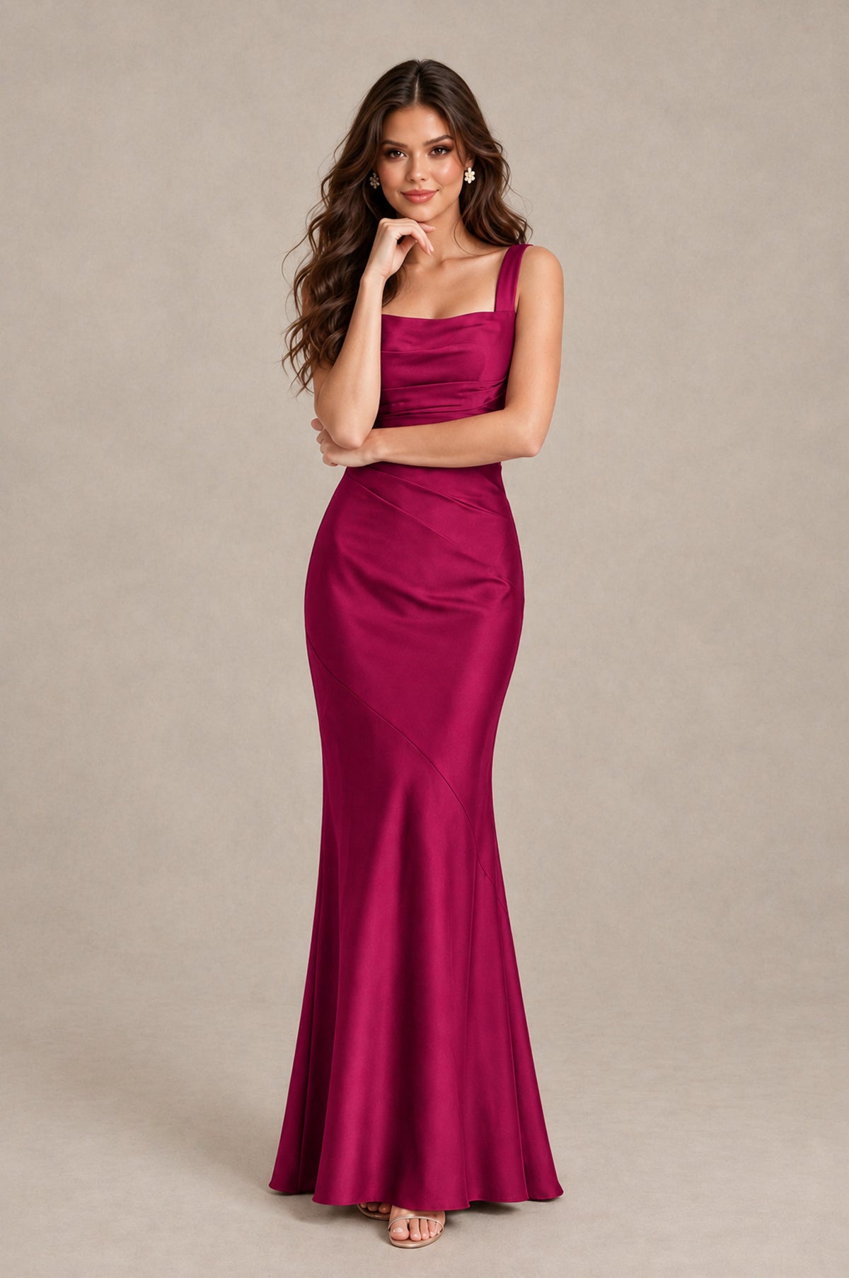 BOLODOO Fuchsia Square Neck Ruched Satin Lace-Up Bridesmaid Dress - Fuchsia - Fuchsia_4