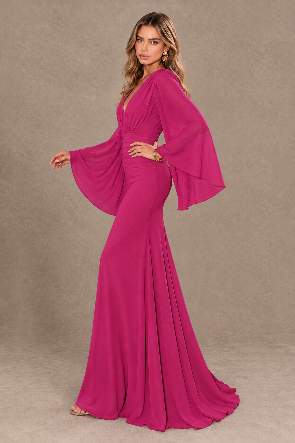 BOLODOO Fuchsia Cape Sleeve V-Neck Ruched Chiffon Evening Dress - Fuchsia - Fuchsia_4