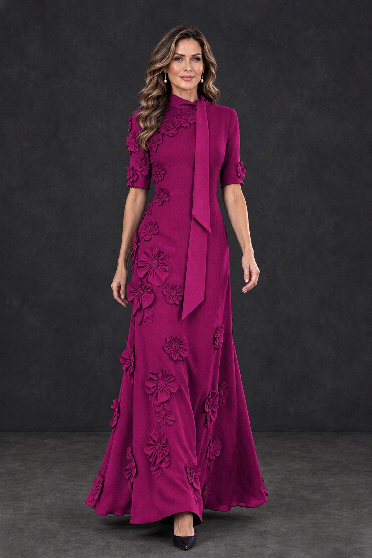 BOLODOO Fuchsia Floral Applique High-Neck Half-Sleeve Gown - Fuchsia - Fuchsia_4