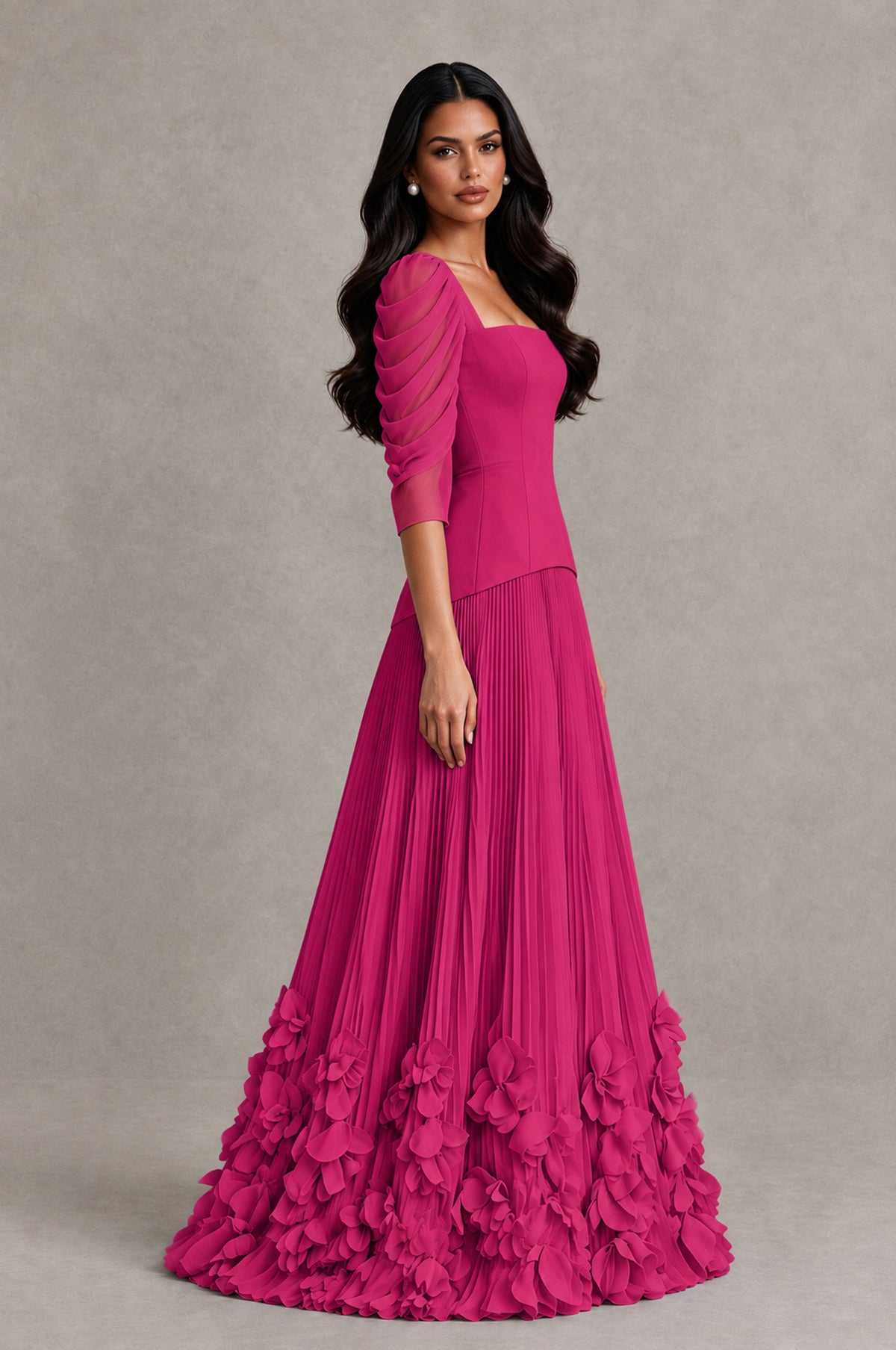 BOLODOO Fuchsia Square Neck Pleated Floral Applique Evening Dress - Fuchsia - Fuchsia_4