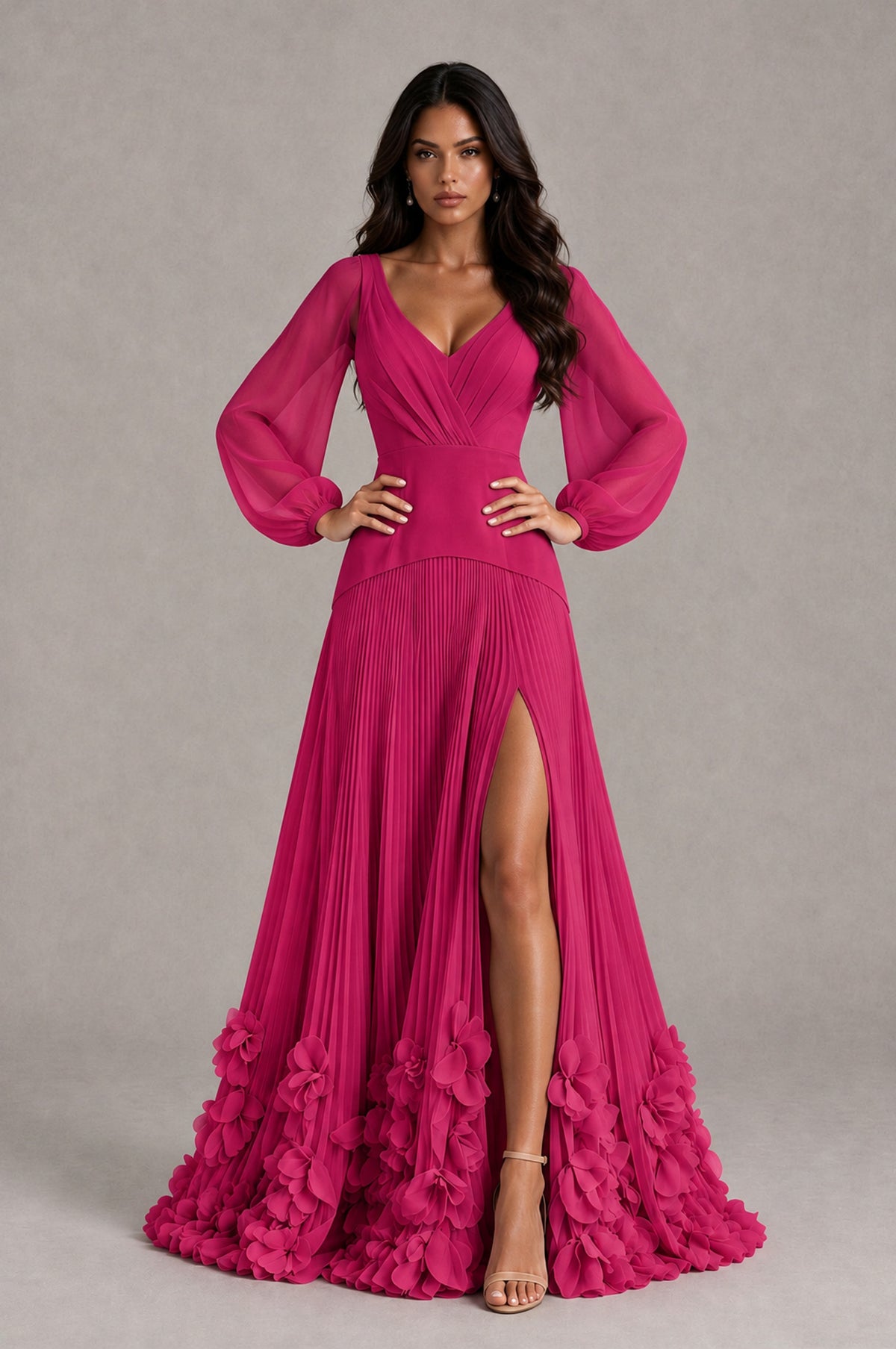 BOLODOO Fuchsia V-Neck Long Sleeve Pleated Floral Hem Evening Dress - Fuchsia - Fuchsia_4