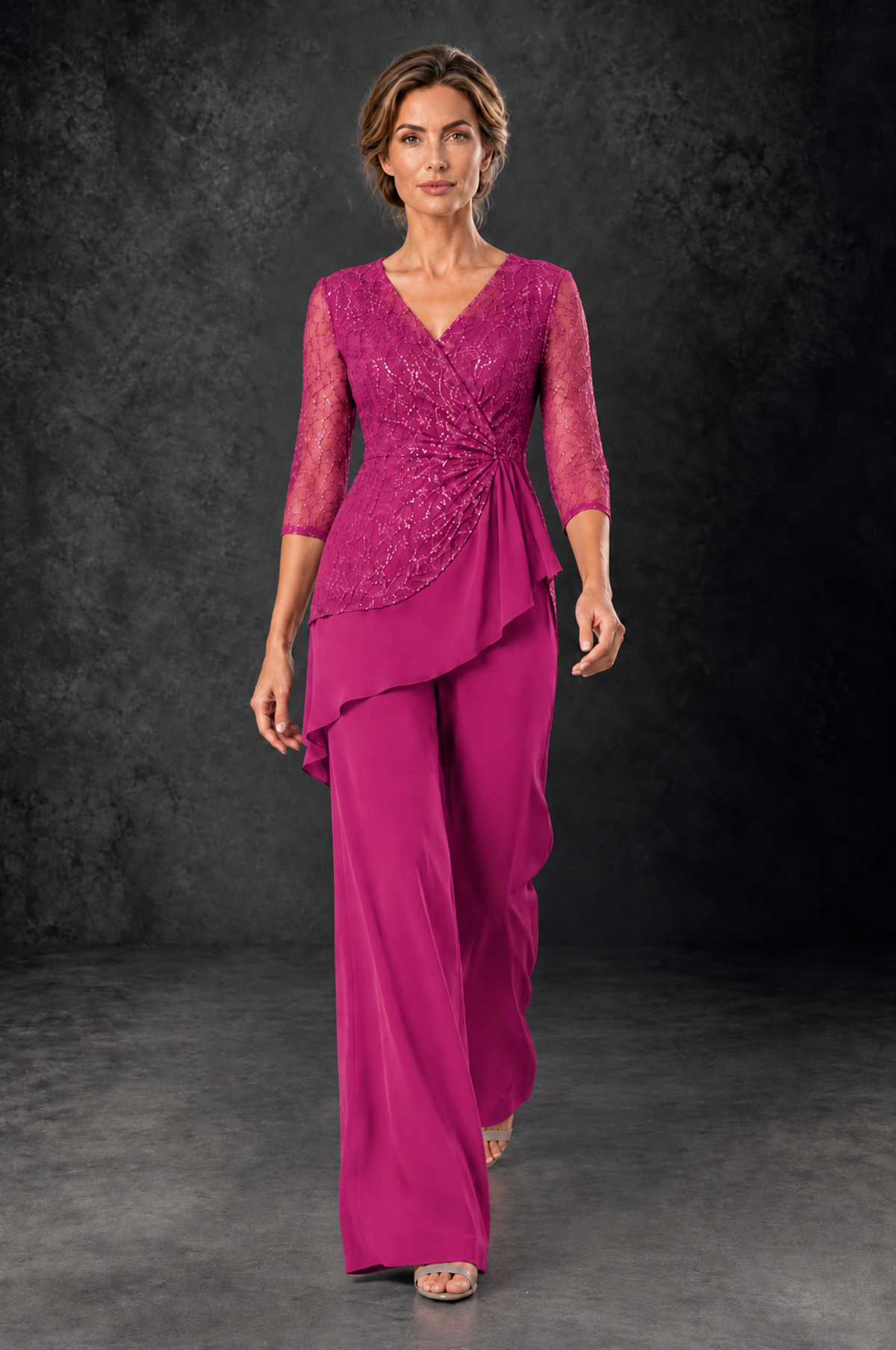 BOLODOO Fuchsia Sequin Lace 3/4 Sleeve Chiffon Mother of the Bride Pant Suit - Fuchsia - Fuchsia_4