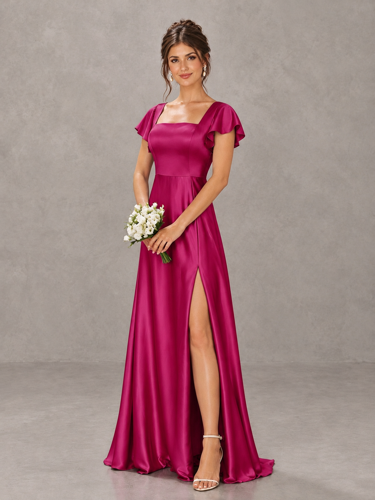 BOLODOO Fuchsia Satin Square Neck Flutter Sleeve A-Line Bridesmaid Dress with Slit - Fuchsia - Fuchsia_4