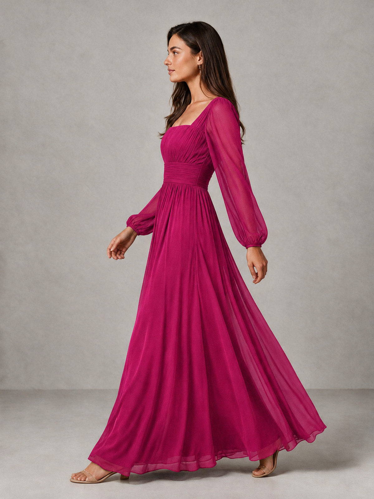 BOLODOO Fuchsia Square Neck Long Sleeve Chiffon Bridesmaid Dress - Fuchsia - Fuchsia_4