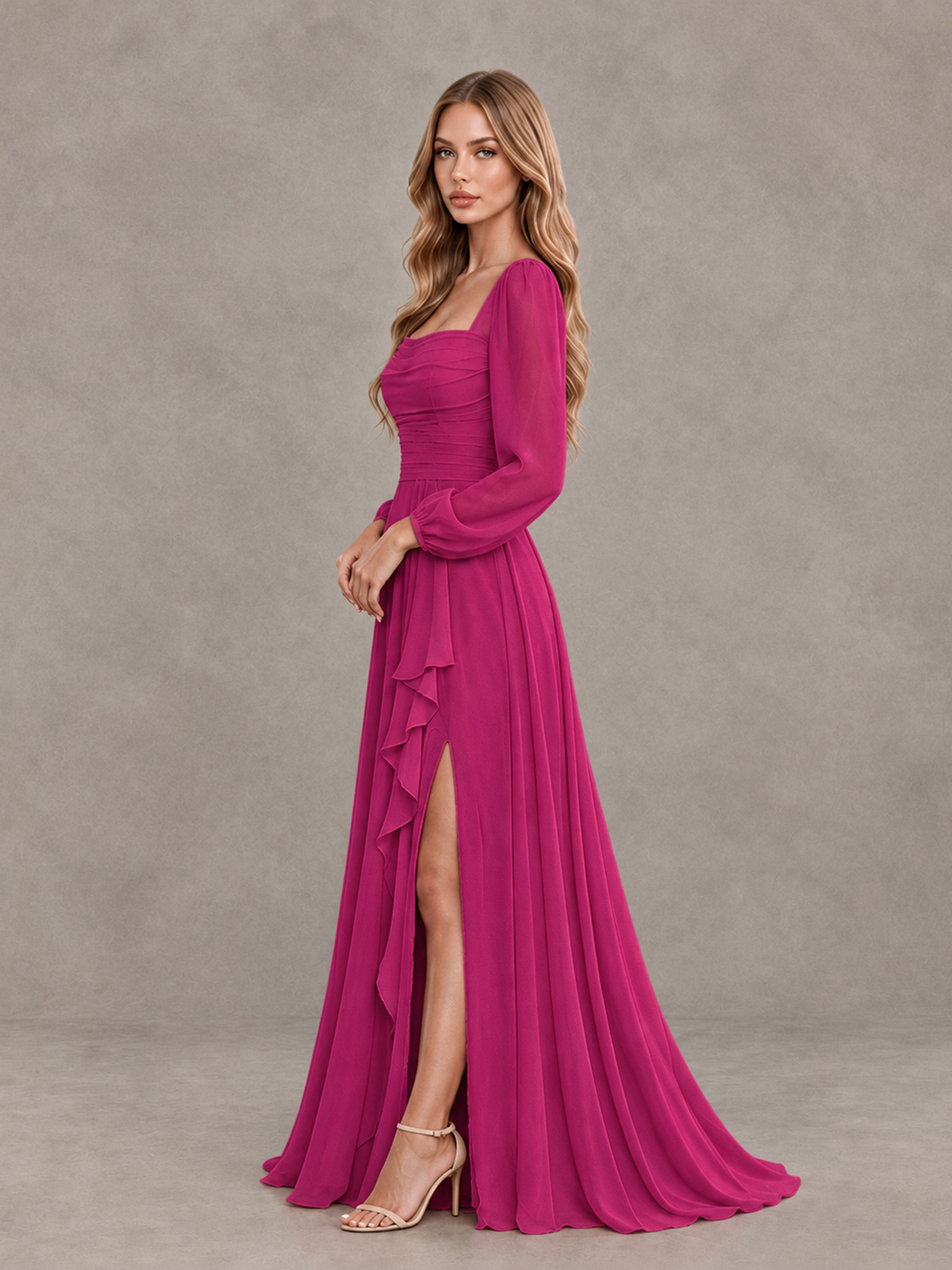 BOLODOO Fuchsia Square Neck Long Sleeve Bridesmaid Dress with Ruffle Slit - Fuchsia - Fuchsia_4