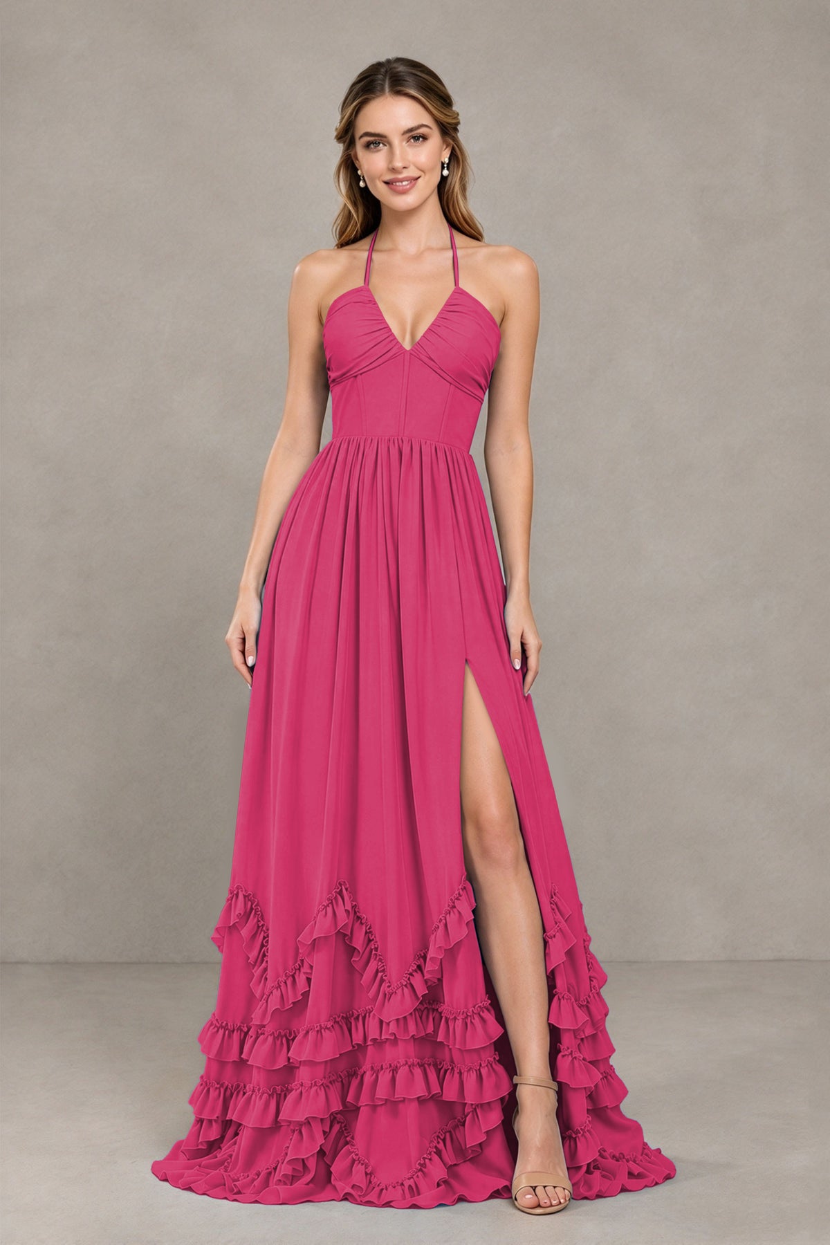 BOLODOO Fuchsia Halter Ruffle Hem A-Line Bridesmaid Dress with High Slit - Fuchsia - Fuchsia(4)