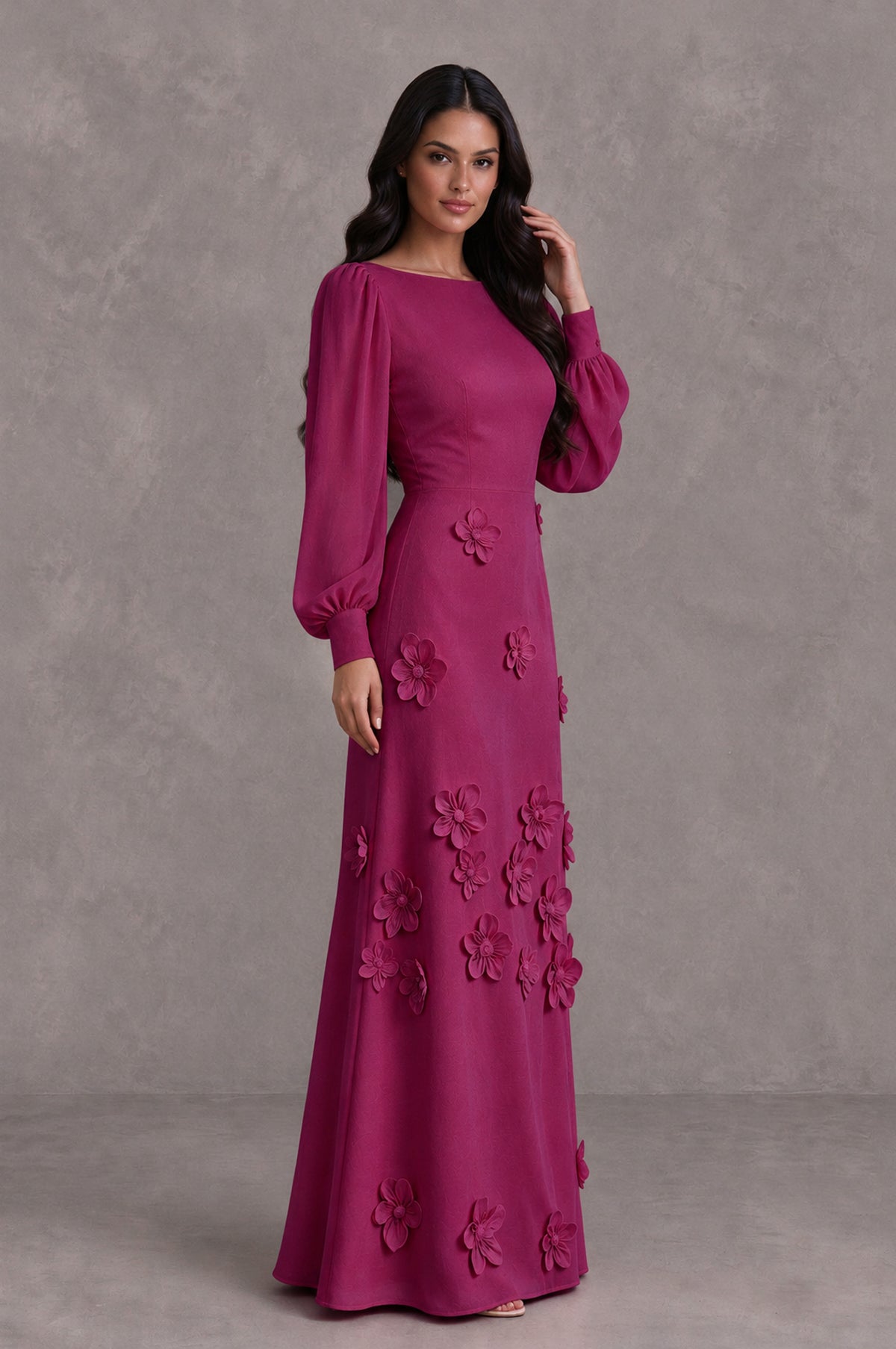 BOLODOO Fuchsia Long Sleeve Floral Applique A-Line Evening Dress - Fuchsia - Fuchsia_4