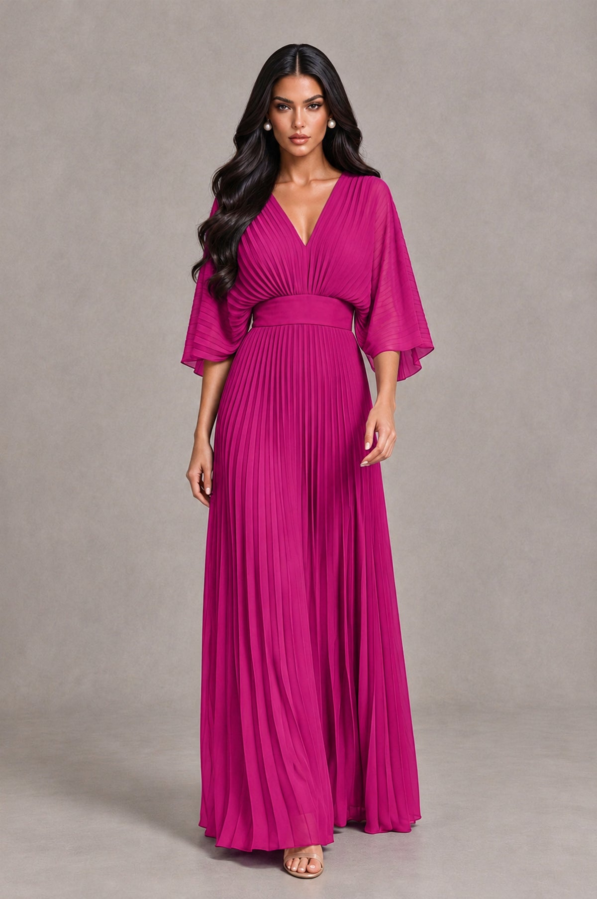 BOLODOO Fuchsia V-Neck Pleated Flutter Sleeve Formal Dress - Fuchsia - Fuchsia_4