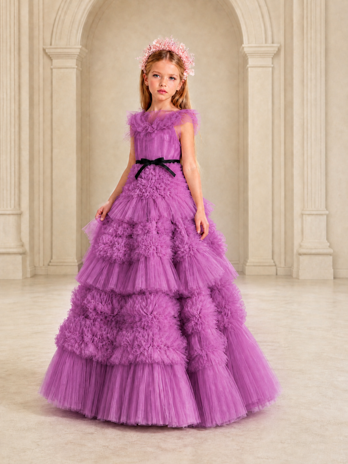 BOLODOO Fuchsia Tiered Tulle Flower Girl Dress with Floral Appliques - Fuchsia - Fuchsia_4