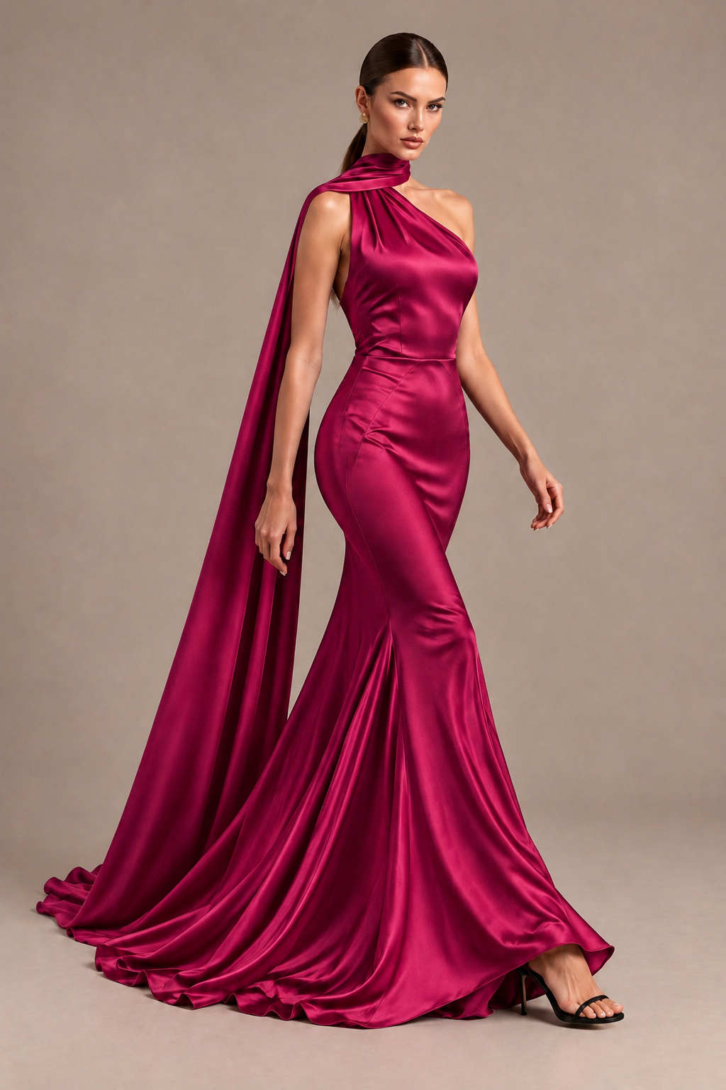 BOLODOO Fuchsia One-Shoulder Satin Mermaid Evening Dress with Scarf - Fuchsia - Fuchsia_4