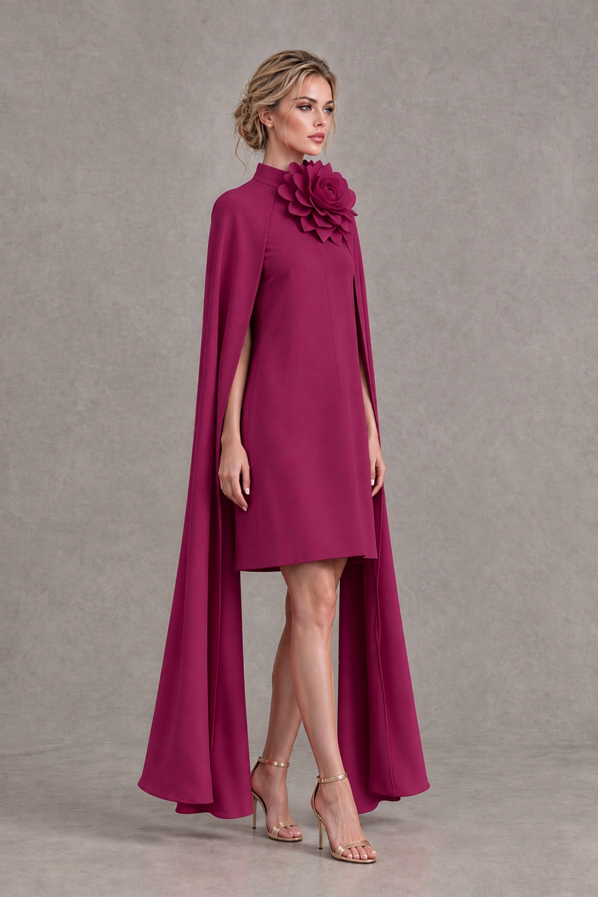 BOLODOO Fuchsia High Neck Floral Cape Mini Cocktail Dress - Fuchsia - Fuchsia_4