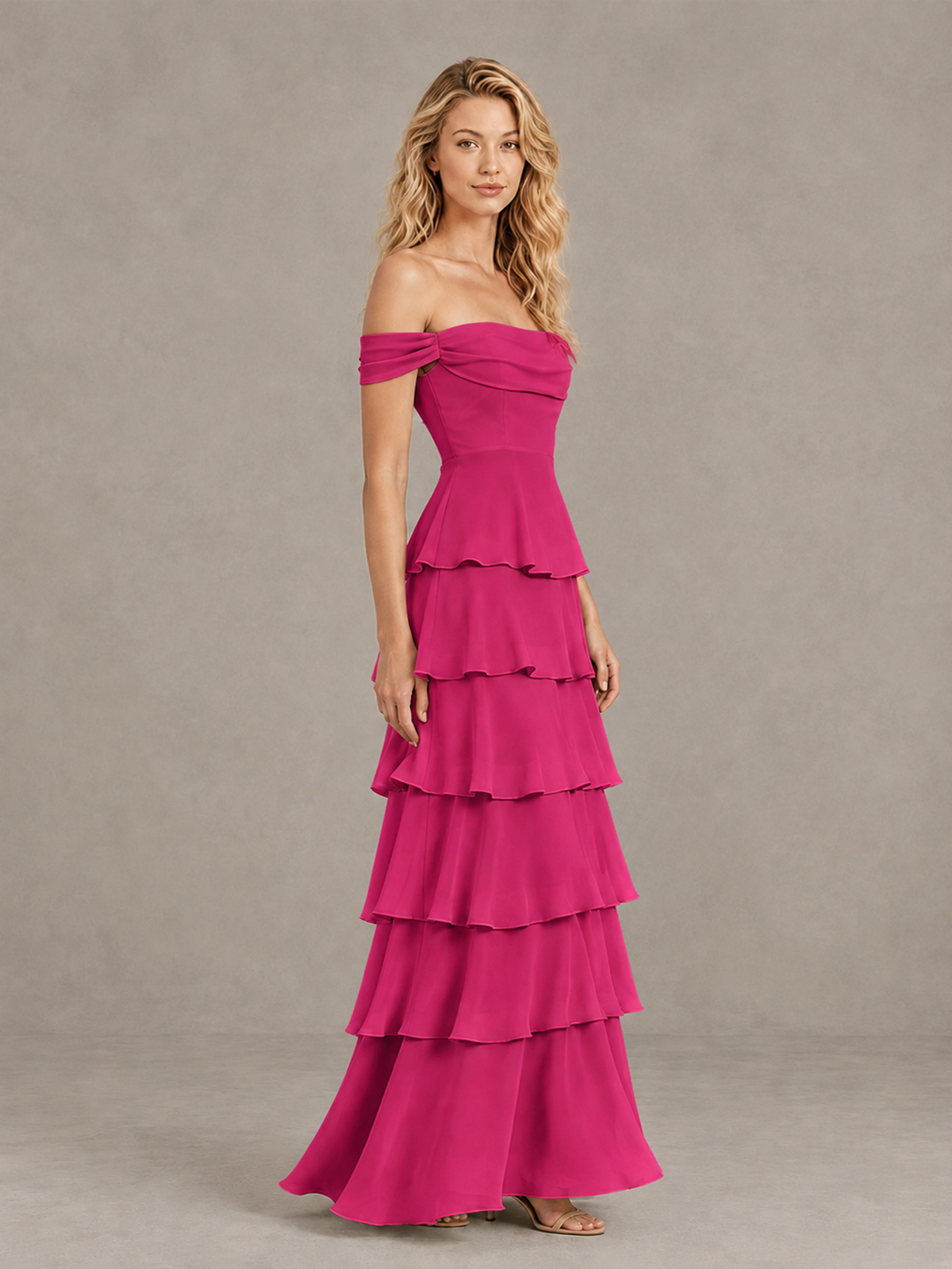 BOLODOO Fuchsia Off-Shoulder Tiered Ruffle Bridesmaid Dress with Lace-Up Back - Fuchsia - Fuchsia_4