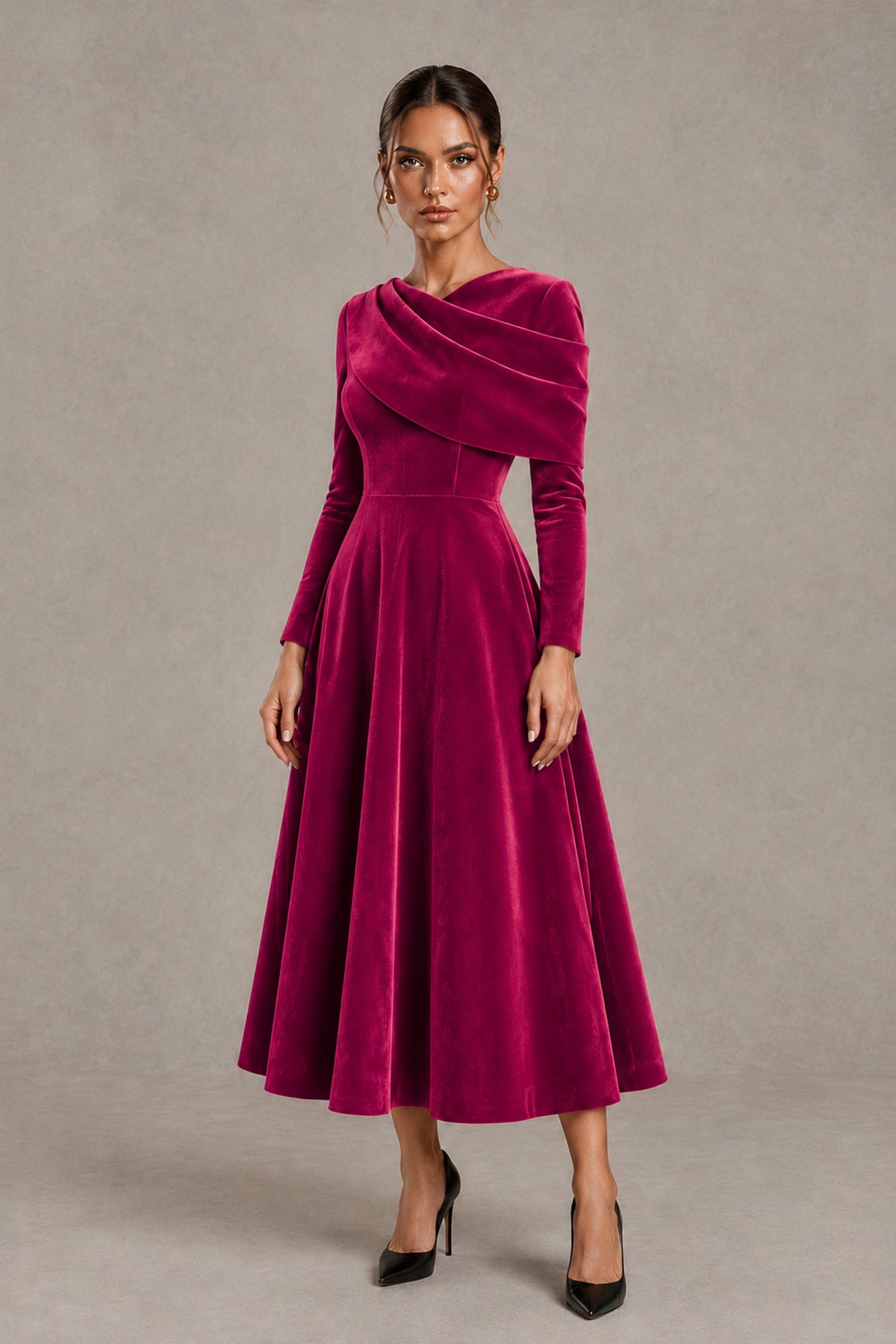 BOLODOO Fuchsia Velvet-Look Long Sleeve Tea-Length A-Line Dress with Draped Neckline - Fuchsia - Fuchsia_4