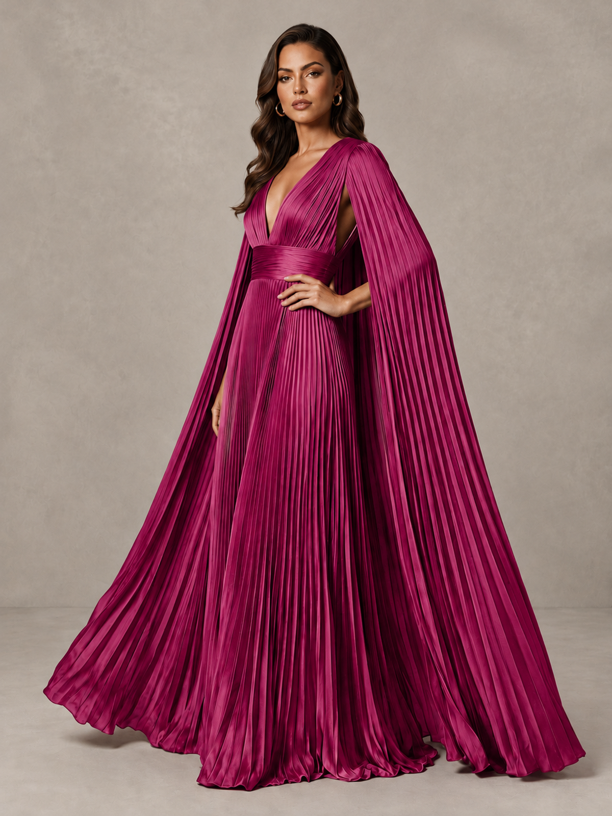 BOLODOO Fuchsia Deep V-Neck Pleated Cape Sleeve Evening Gown - Fuchsia - Fuchsia_4