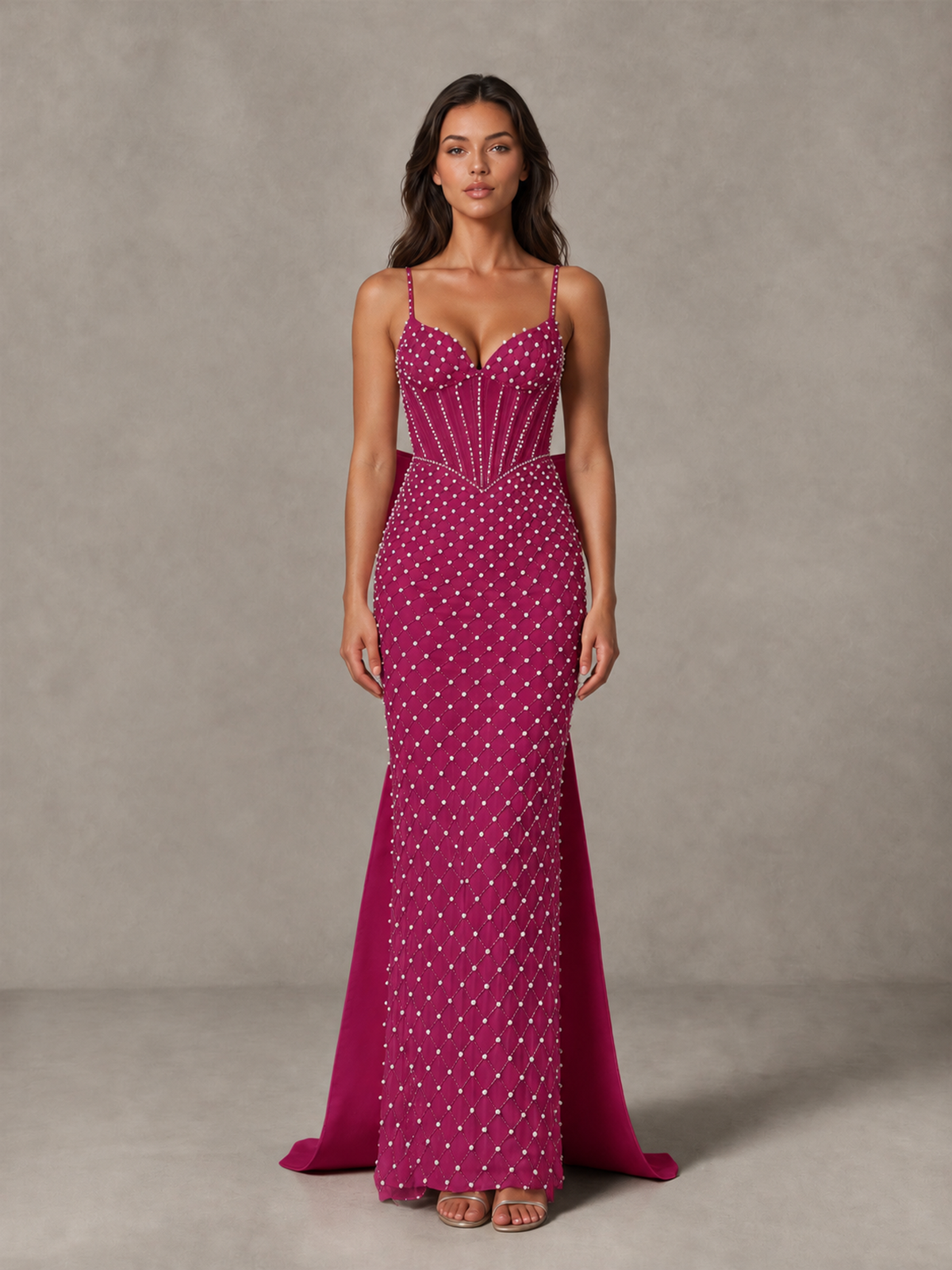 BOLODOO Fuchsia Beaded Corset Prom Dress with Bow Train - Fuchsia - Fuchsia_4