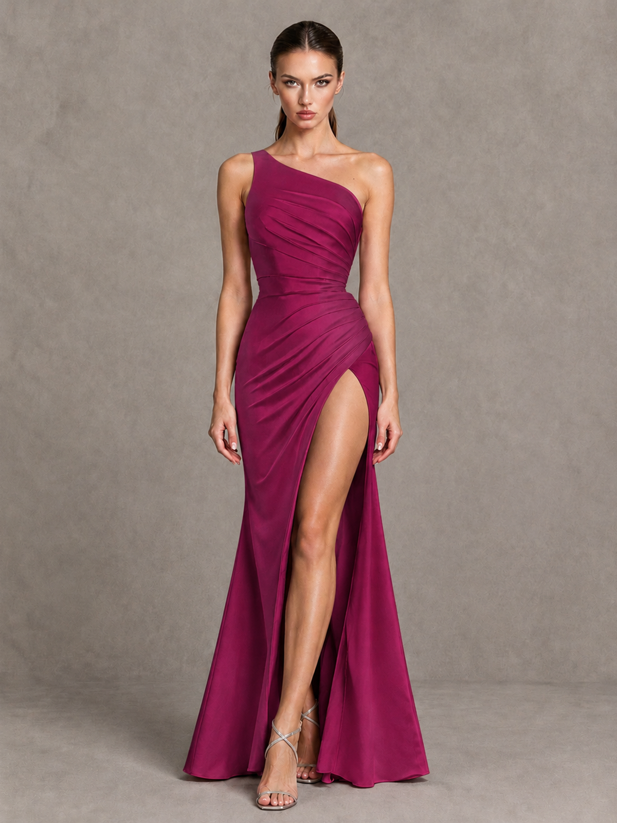 BOLODOO Fuchsia One-Shoulder Ruched Satin-Look Evening Gown with High Slit - Fuchsia - Fuchsia_4