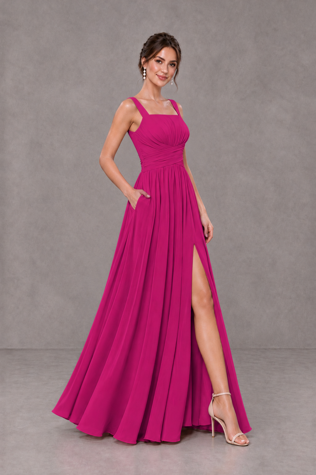 BOLODOO Fuchsia Square Neck A-Line Bridesmaid Dress with Slit - Fuchsia - Fuchsia_4