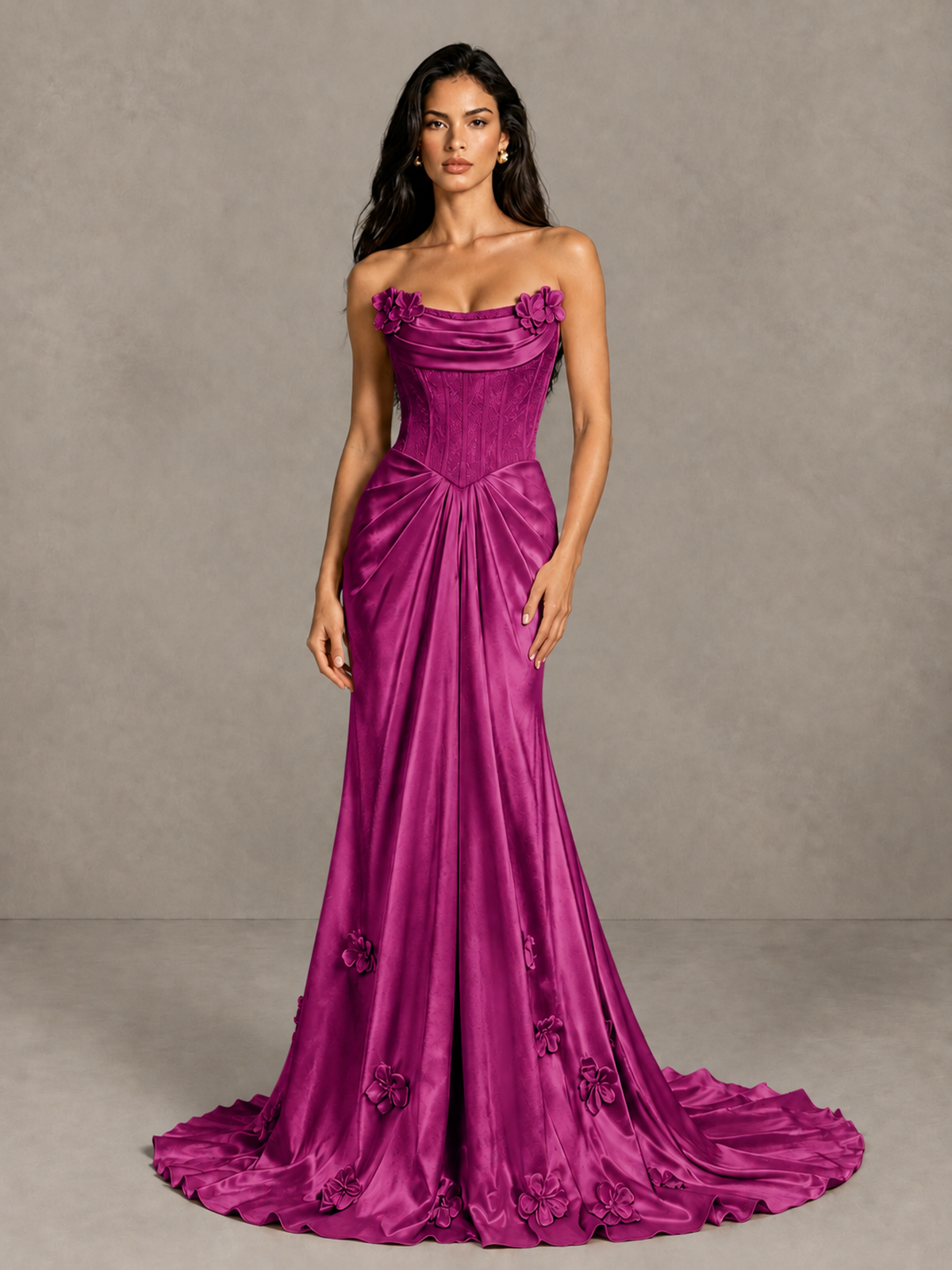 BOLODOO Fuchsia Strapless Floral Corset Evening Gown with Train - Fuchsia - Fuchsia_4