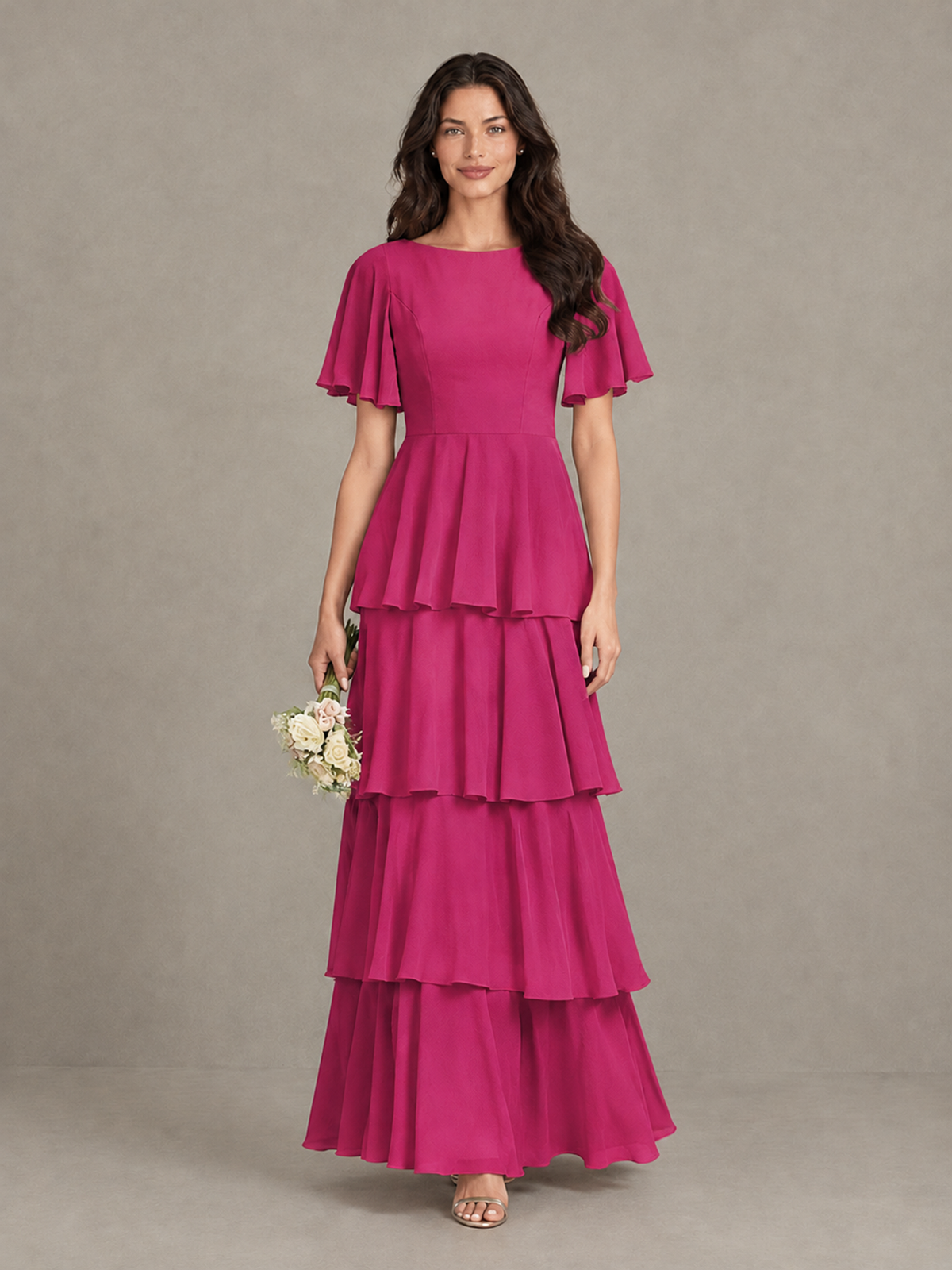 BOLODOO Fuchsia Tiered Flutter Sleeve Bridesmaid Dress - Fuchsia - Fuchsia_4