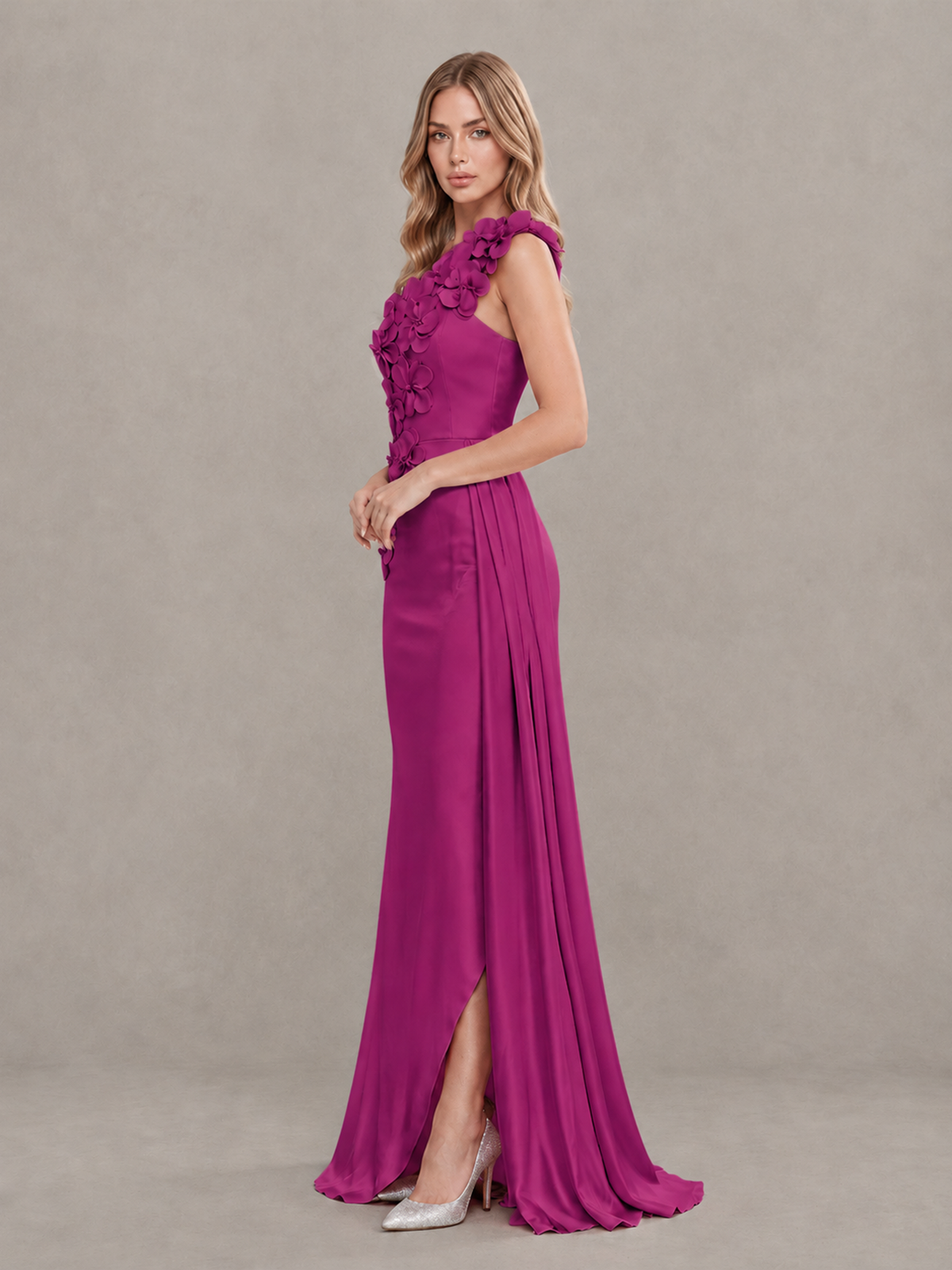 BOLODOO Fuchsia One-Shoulder Satin Mermaid Evening Gown with 3D Floral Appliqué - Fuchsia - Fuchsia_4