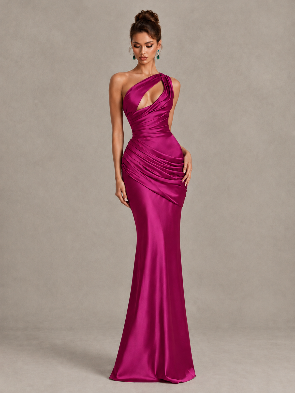 BOLODOO Fuchsia One-Shoulder Cutout Satin Mermaid Prom Dress - Fuchsia - Fuchsia_4