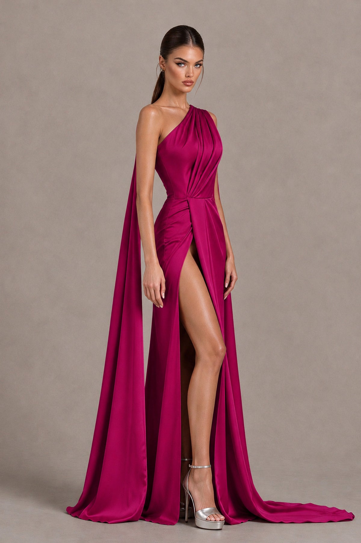BOLODOO Fuchsia One Shoulder Satin Evening Dress with High Slit and Draped Cape Train - Fuchsia - Fuchsia_4