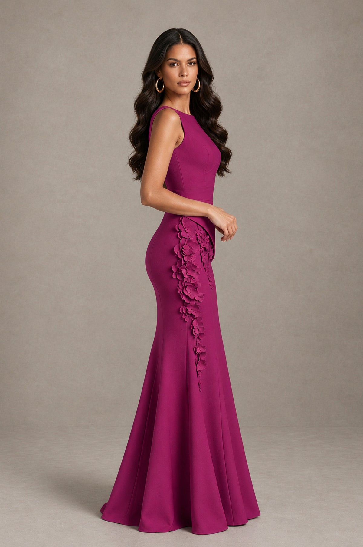 BOLODOO Fuchsia Bateau Neck Sleeveless Asymmetric Peplum 3D Petal Appliqué Mermaid Gown BD0421 - Fuchsia - Fuchsia_4