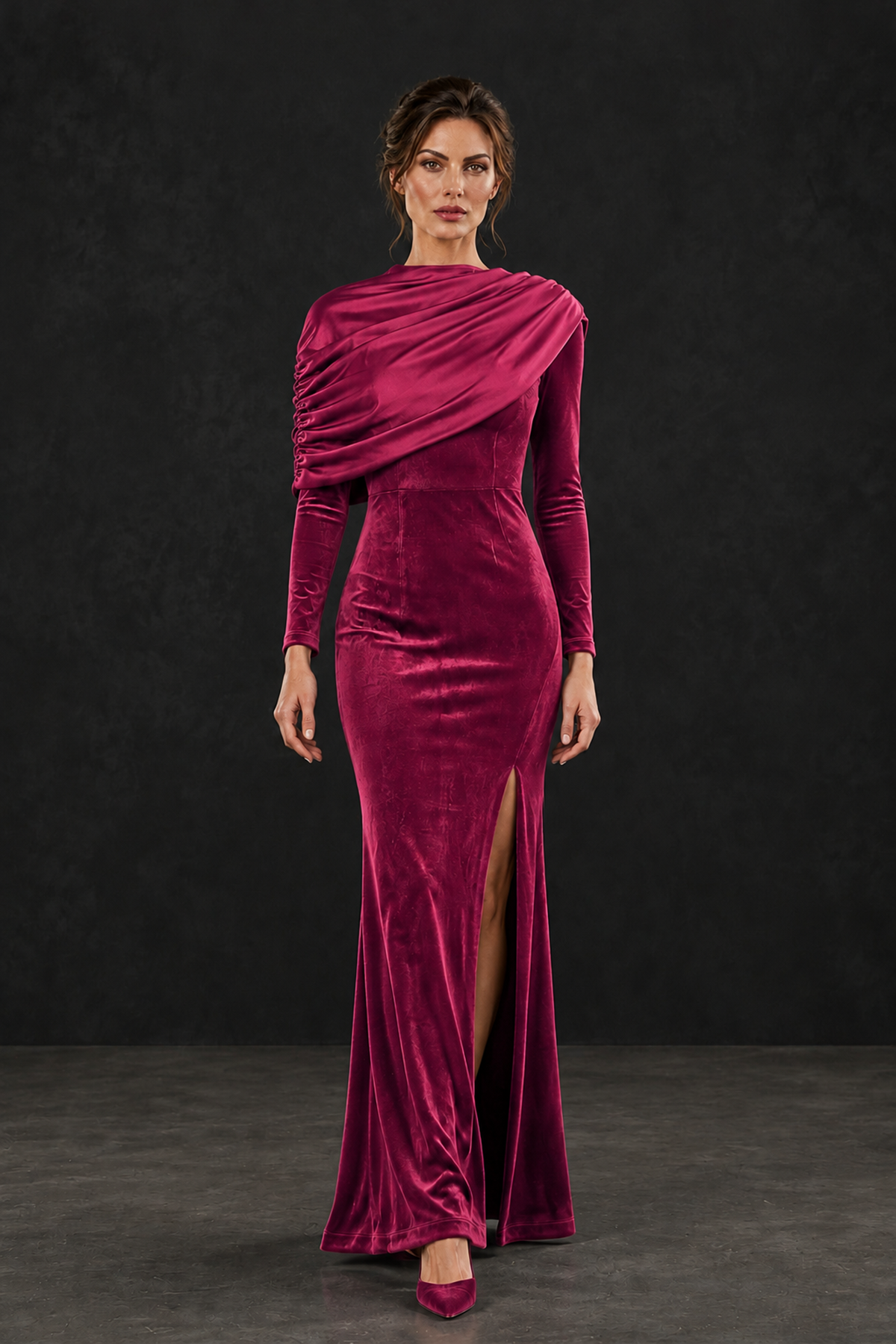 BOLODOO Fuchsia Velvet Long Sleeve Draped Mother of the Bride Dress - Fuchsia - Fuchsia_4
