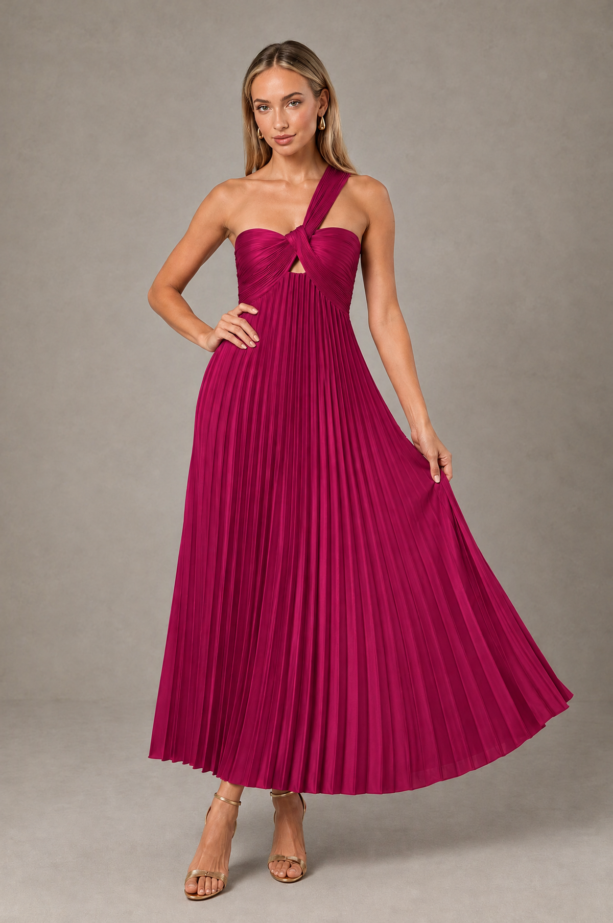 BOLODOO Fuchsia One-Shoulder Twist Knot Pleated Satin Midi Dress with Cutout - Fuchsia - Fuchsia_4