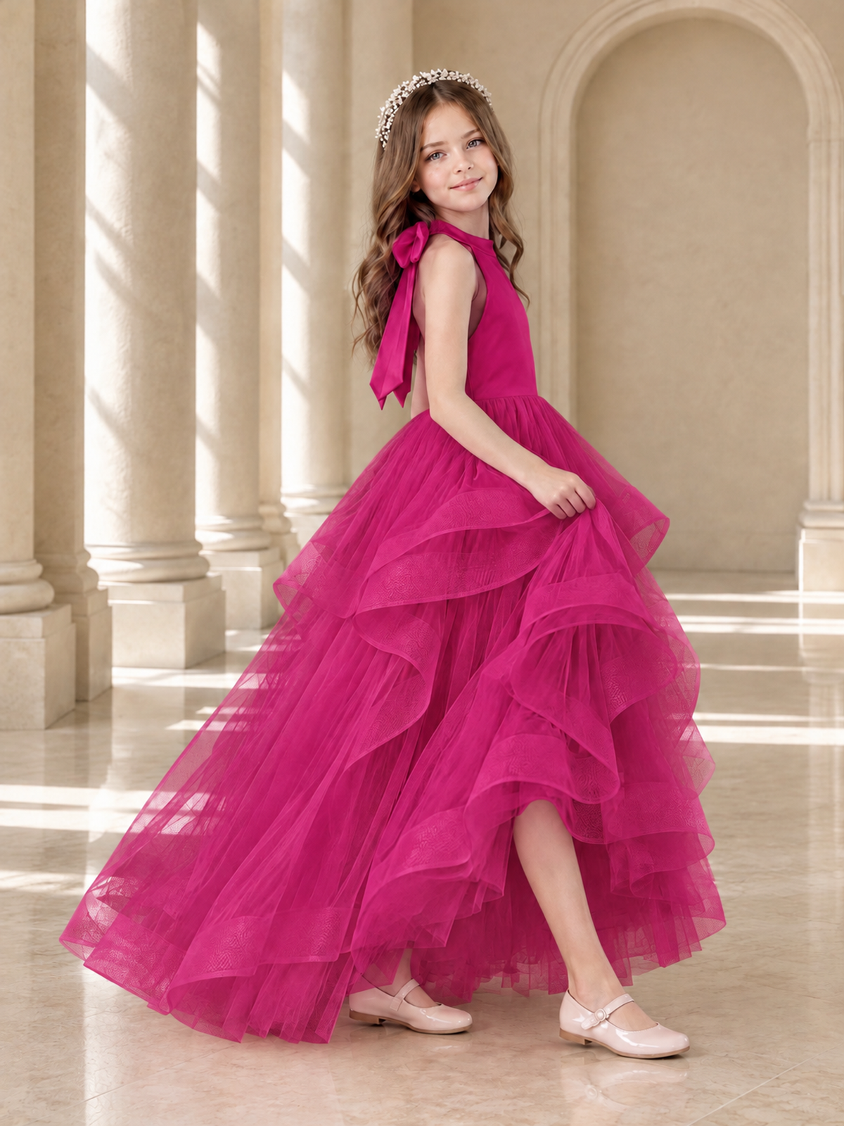BOLODOO Fuchsia Halter Tiered Tulle Flower Girl Dress with Bow Back - Fuchsia - Fuchsia_4