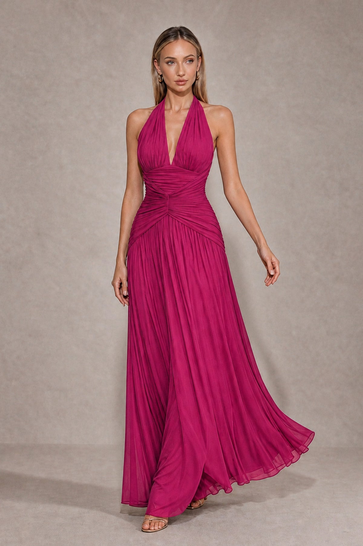 BOLODOO Fuchsia Chiffon Halter Deep V-Neck Ruched A-Line Backless Maxi Dress with Train-BD0167 - Fuchsia - Fuchsia_4