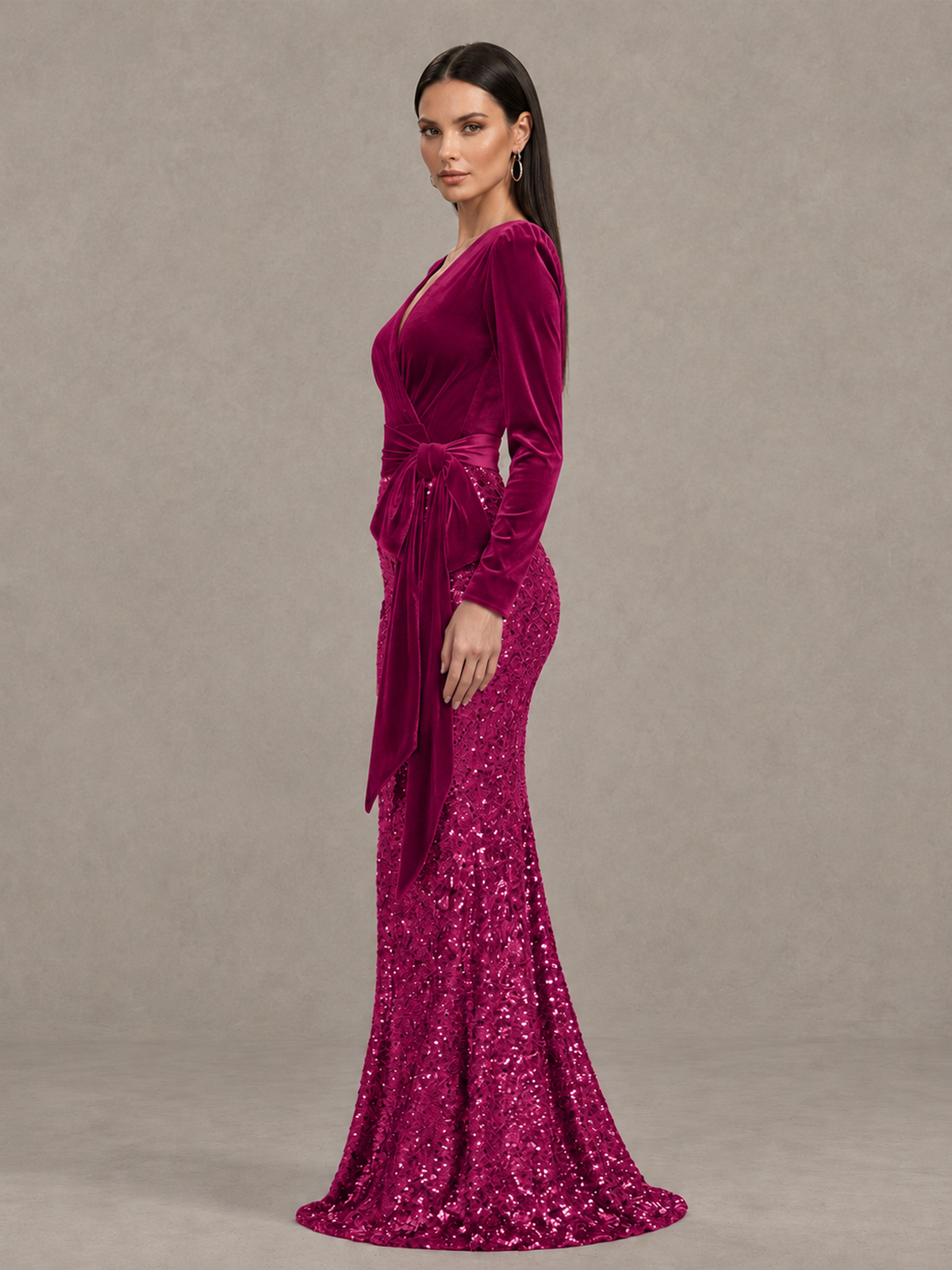 BOLODOO Fuchsia Velvet & Sequin Long Sleeve V-Neck Mermaid Evening Gown - Fuchsia - Fuchsia_4