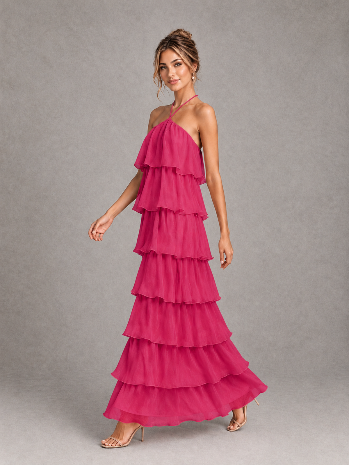 BOLODOO Fuchsia Halter Tiered Ruffle Maxi Bridesmaid Dress - Fuchsia - Fuchsia_4