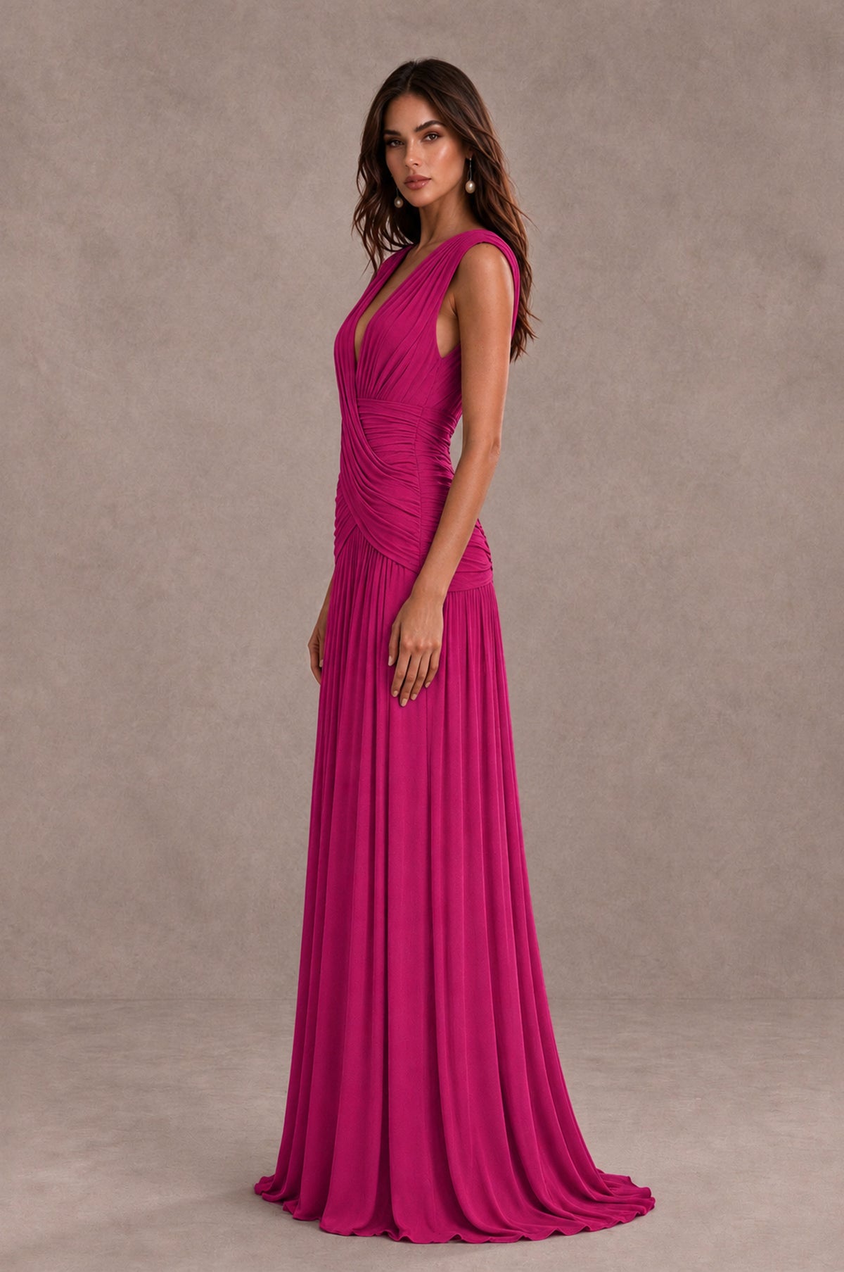 BOLODOO Fuchsia V-Neck Ruched Wedding Guest Dress - Fuchsia - Fuchsia_4