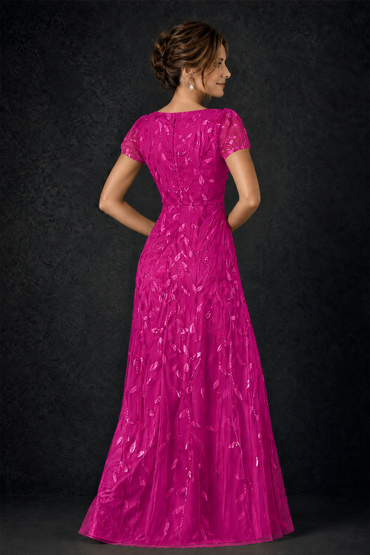 BOLODOO Fuchsia Leaf Embroidered A-Line Formal Gown with Cap Sleeves - Fuchsia - Fuchsia_4