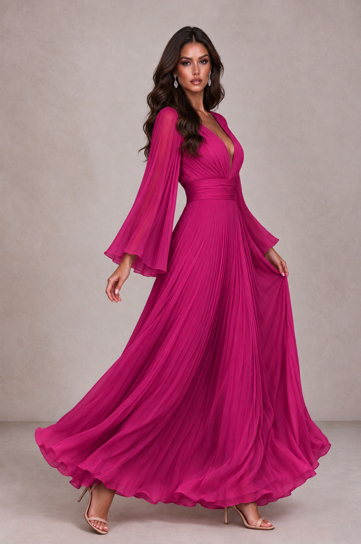 BOLODOO Fuchsia Pleated Deep V-Neck Long Bell Sleeve Evening Dress - Fuchsia - Fuchsia_4