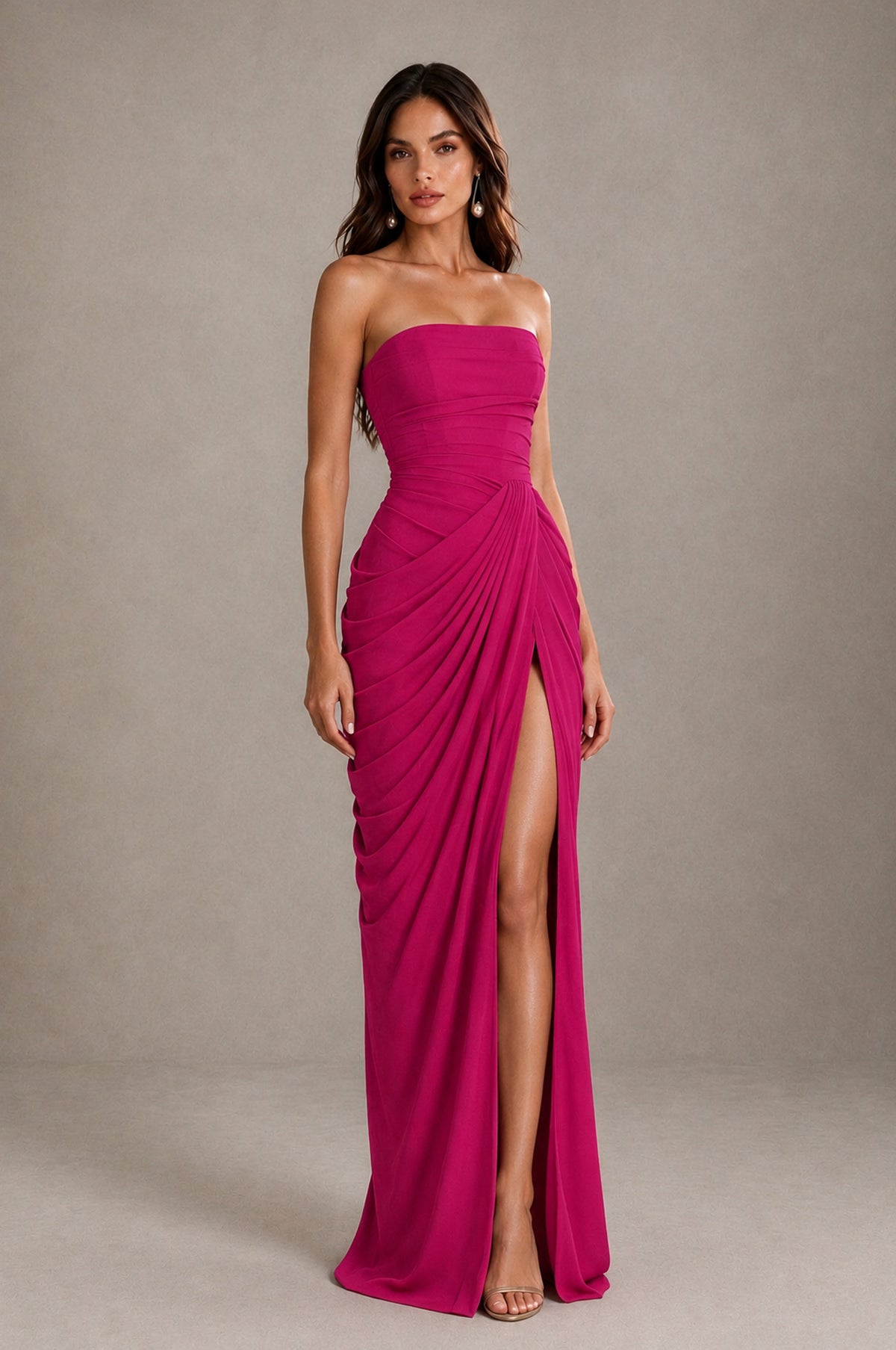 BOLODOO Strapless Draped Maxi Dress - Fuchsia Backless Evening Gown with High Slit - Fuchsia - Fuchsia_4
