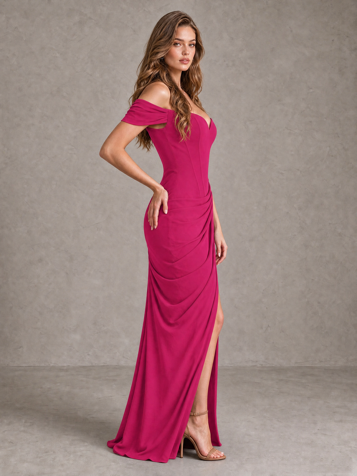 BOLODOO Fuchsia Off-Shoulder Ruched Corset Wedding Guest Dress with Slit - Fuchsia - Fuchsia_4