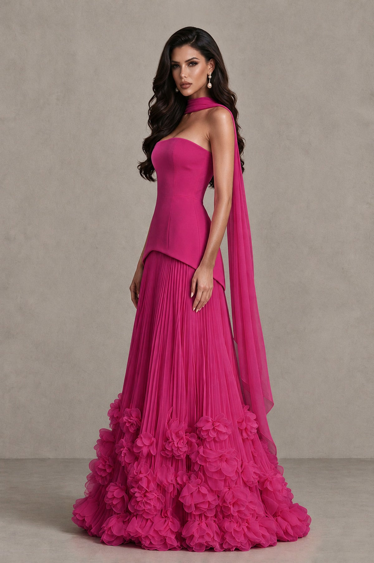 BOLODOO Fuchsia Strapless Pleated Floral Hem Evening Gown - Fuchsia - Fuchsia_4