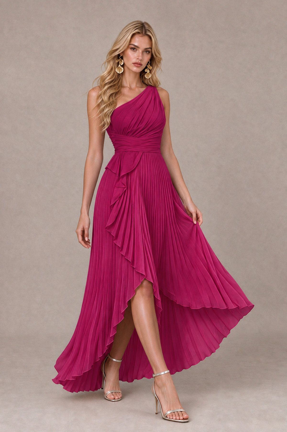 BOLODOO Fuchsia One-Shoulder High-Low Ruffle Maxi Dress - Fuchsia - Fuchsia_4