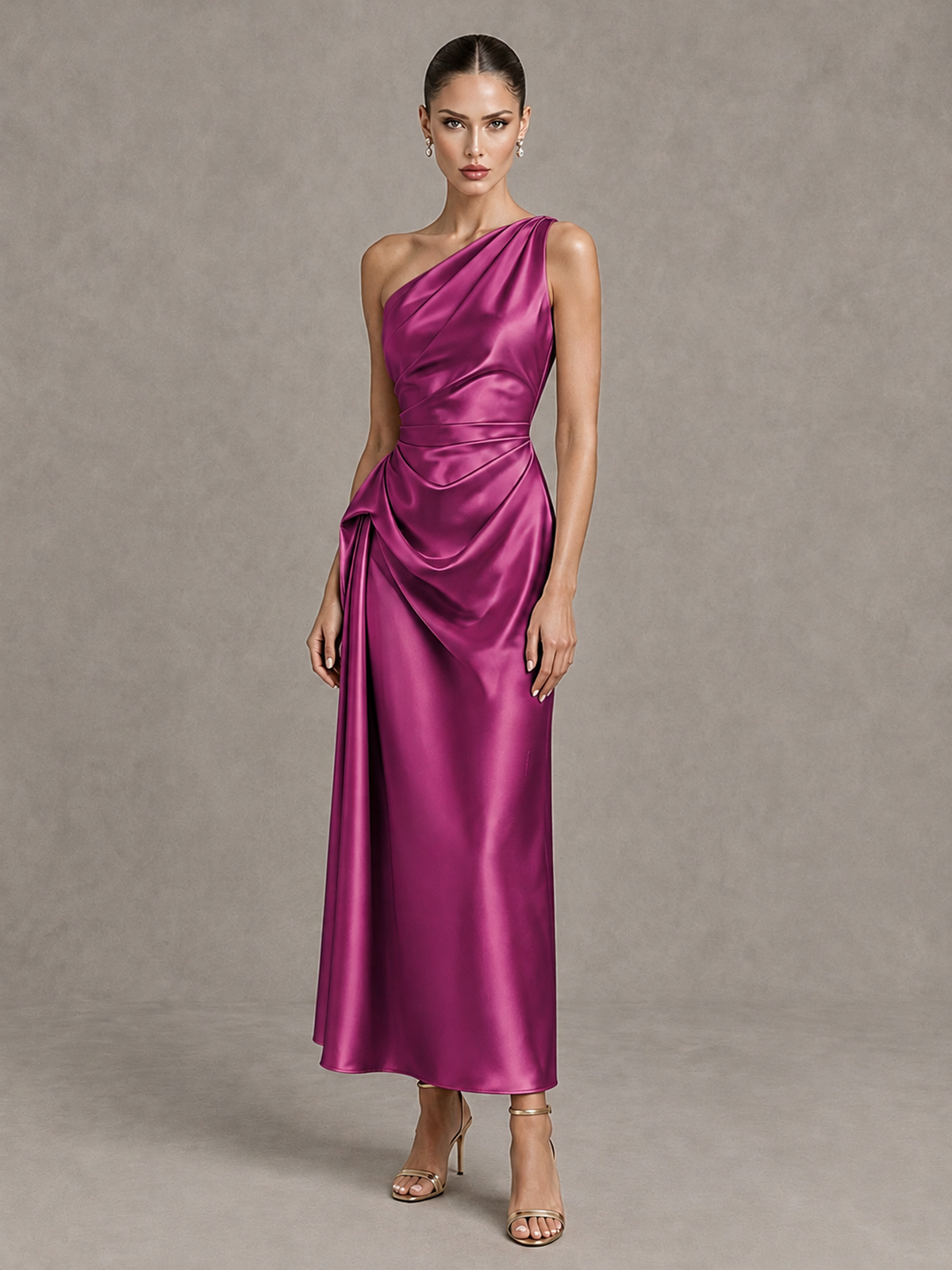 BOLODOO Fuchsia One Shoulder Satin Cocktail Dress with Draped A-Line Skirt - Fuchsia - Fuchsia_4