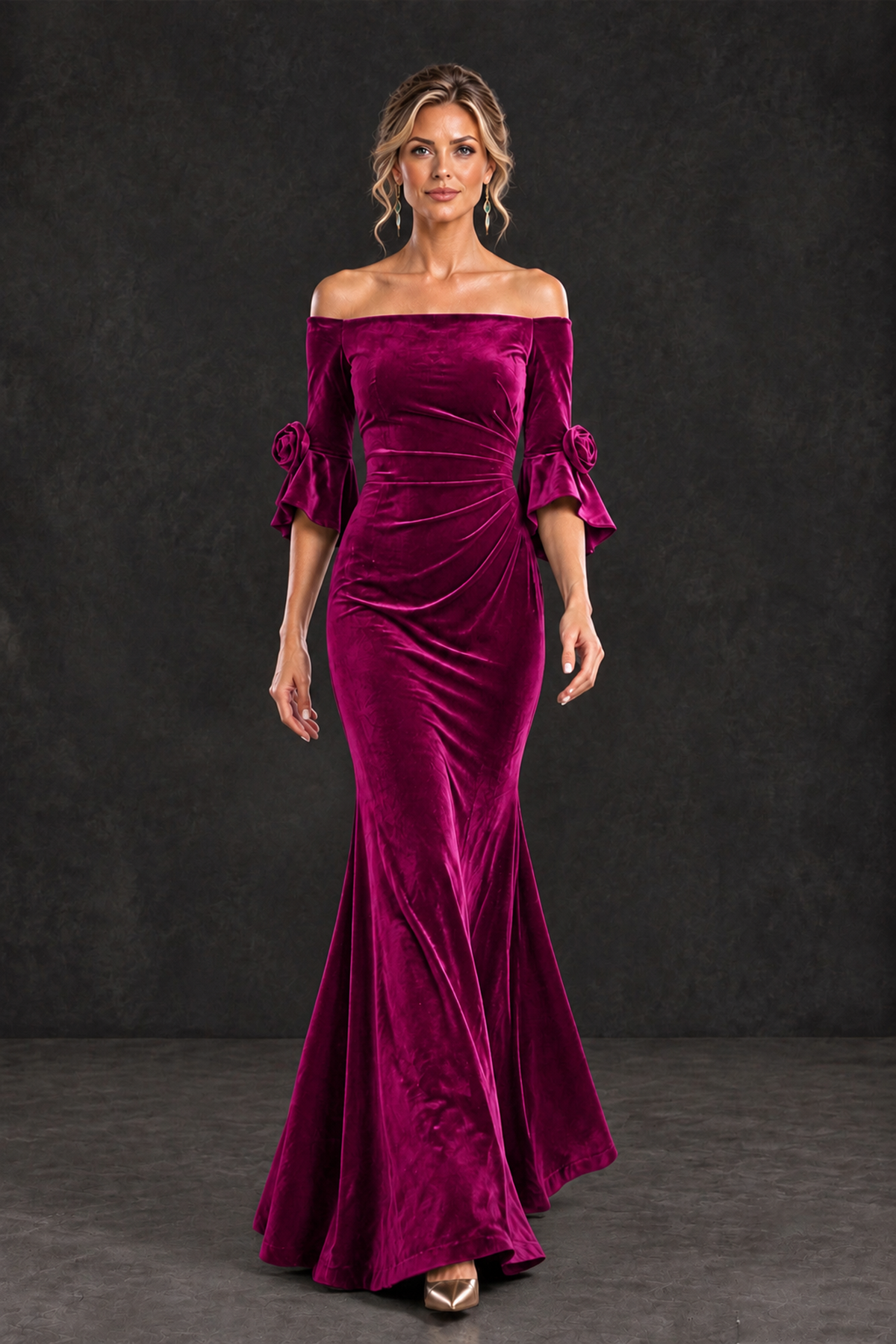 BOLODOO Fuchsia Velvet Off-Shoulder Mother of the Bride Dress – 3/4 Floral Cuff Sleeve Mermaid Evening Gown - Fuchsia - Fuchsia_4