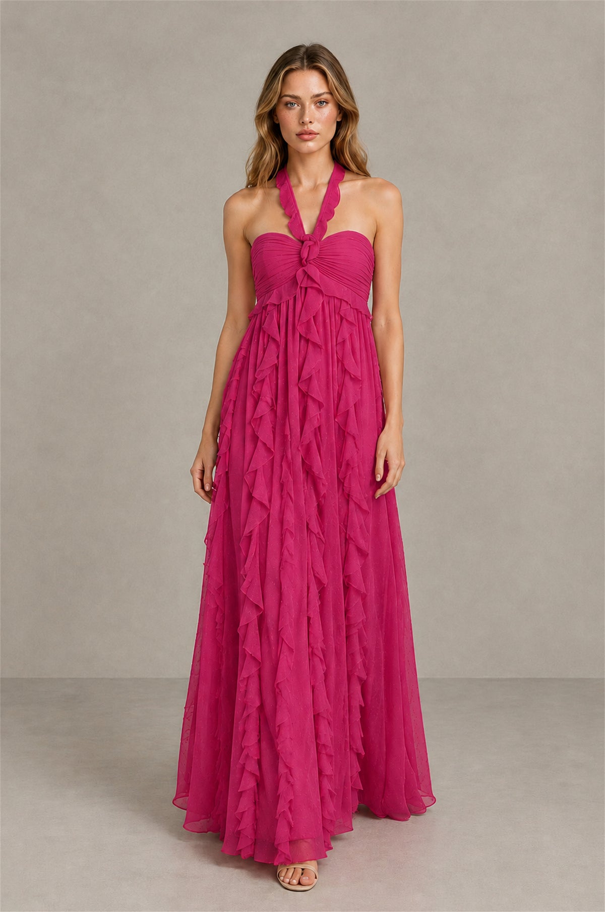 BOLODOO Fuchsia Halter Ruffle A-Line Floor-Length Evening Dress - Fuchsia - Fuchsia_4