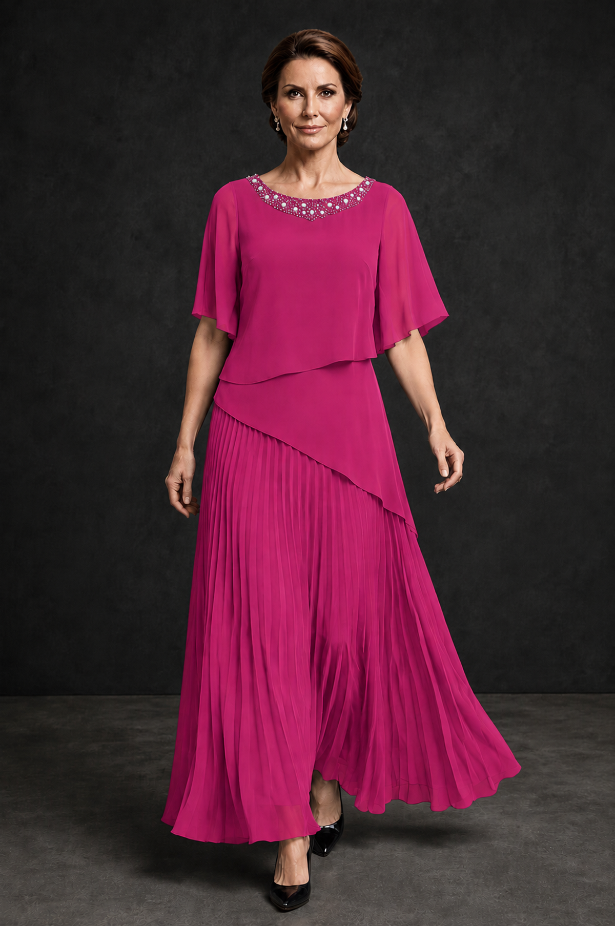 BOLODOO Fuchsia Pearl Beaded Neck Asymmetric Tiered Flutter Sleeve Pleated Chiffon Maxi Dress - Fuchsia - Fuchsia_4
