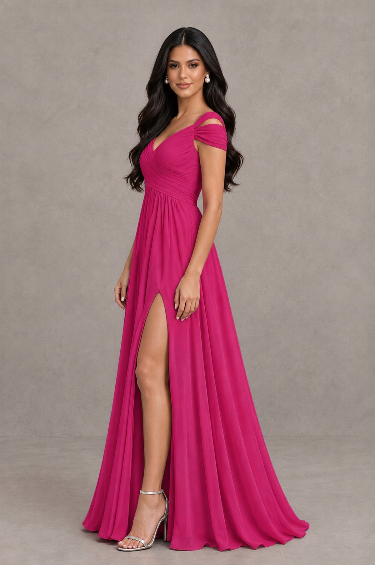 BOLODOO Fuchsia Cold Shoulder Chiffon Evening Dress with V Neck and High Slit - Fuchsia - Fuchsia_4
